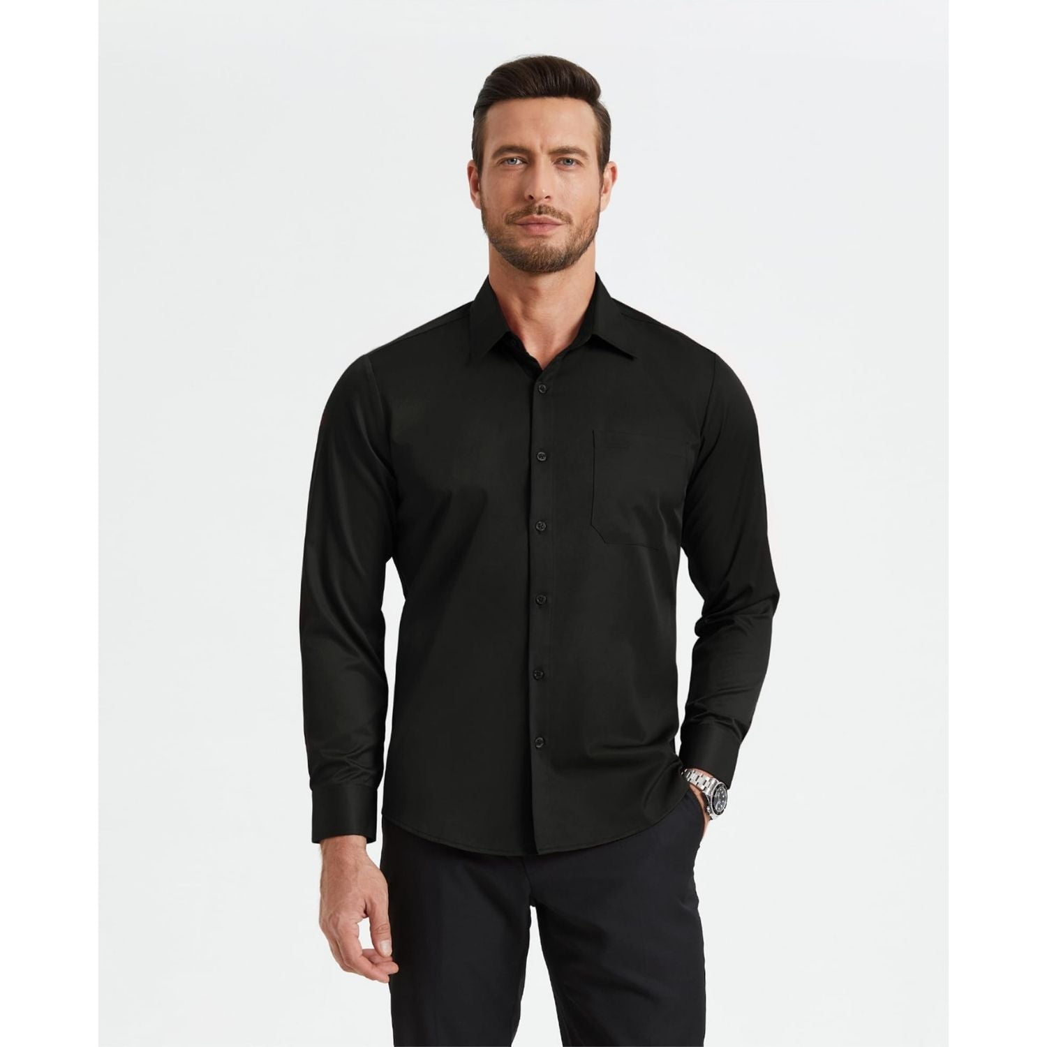 Men's Non-Iron Dress Shirt Long Sleeve 4-Way Stretch Wrinkle Free Black Formal Shirt