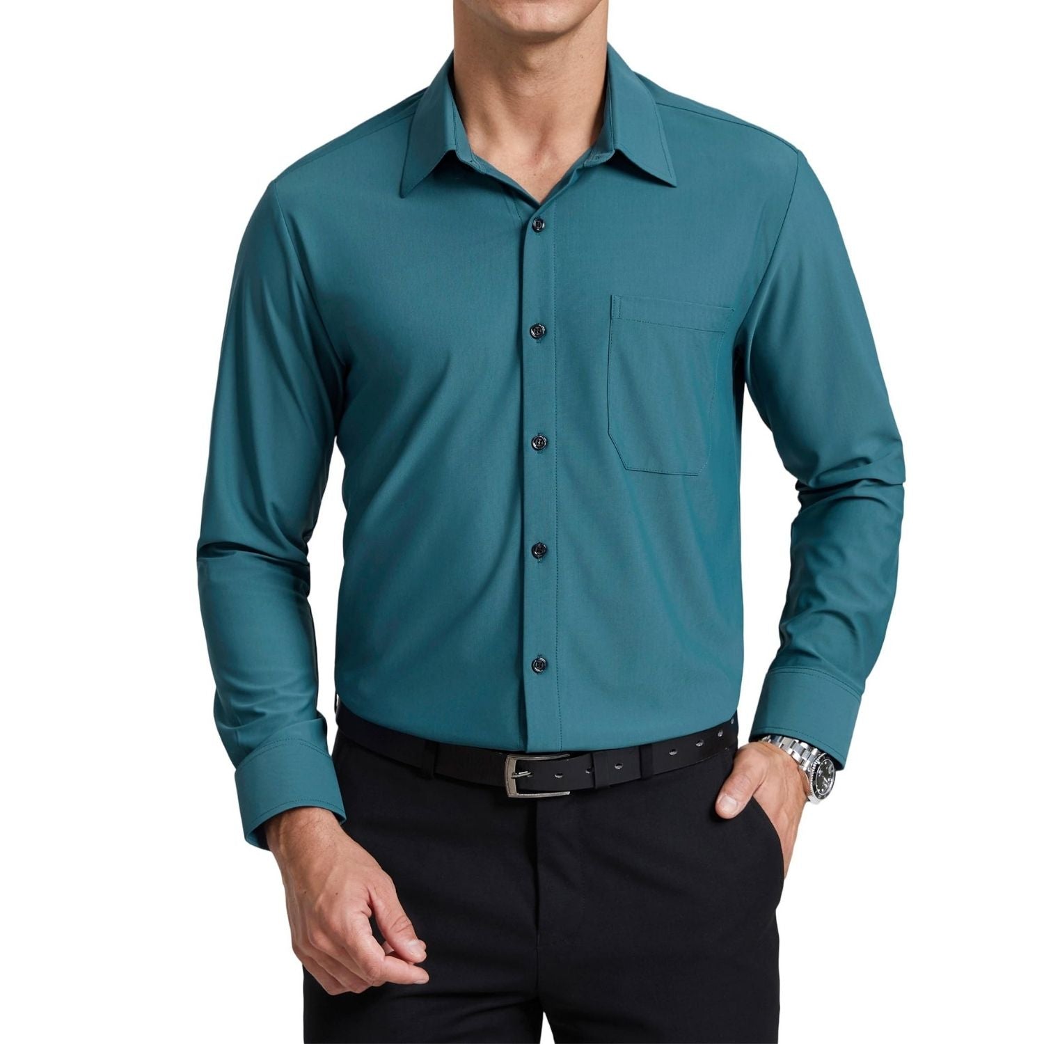 Men's Non-Iron Dress Shirt Long Sleeve 4-Way Stretch Wrinkle Free Teal Formal Shirt