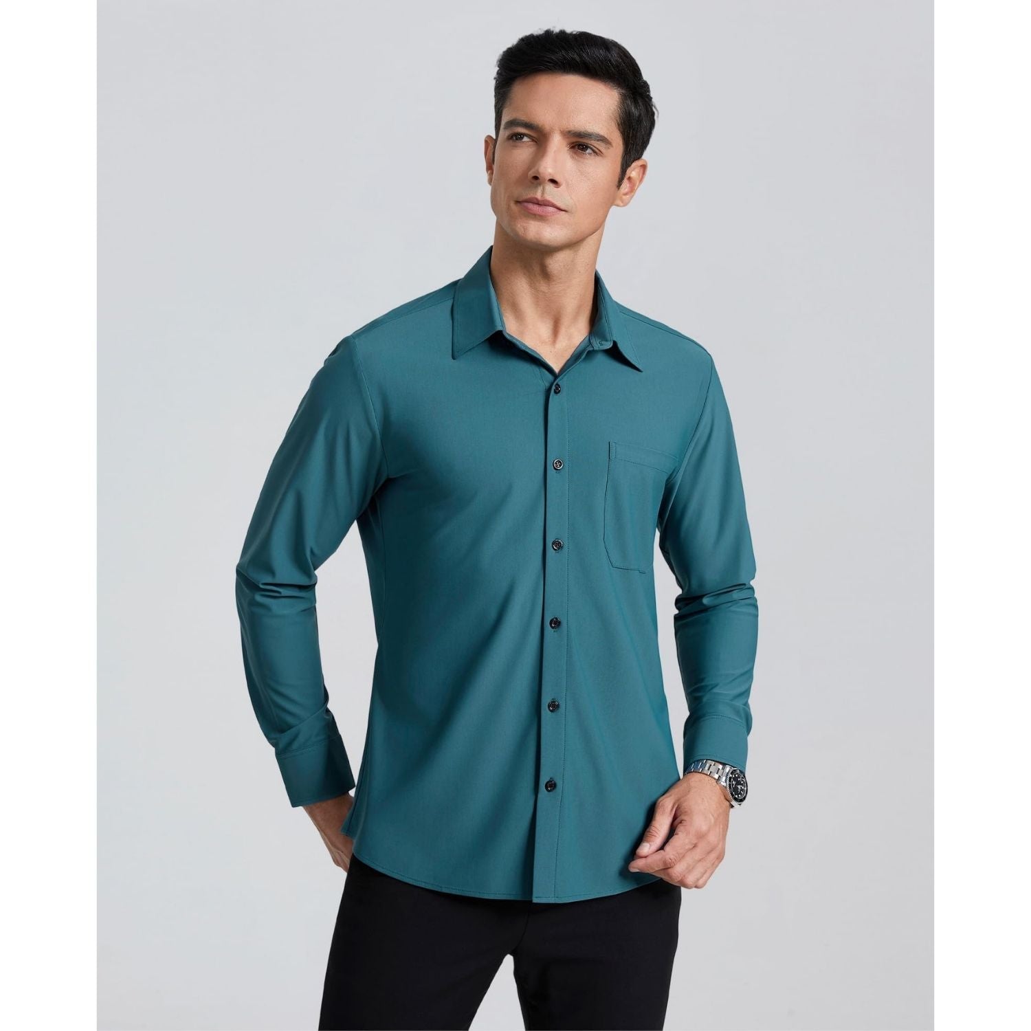 Men's Non-Iron Dress Shirt Long Sleeve 4-Way Stretch Wrinkle Free Teal Formal Shirt