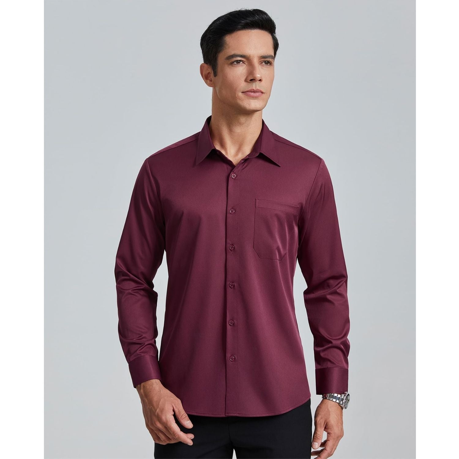 Men's Non-Iron Dress Shirt Long Sleeve 4-Way Stretch Wrinkle Free Burgundy Formal Shirt
