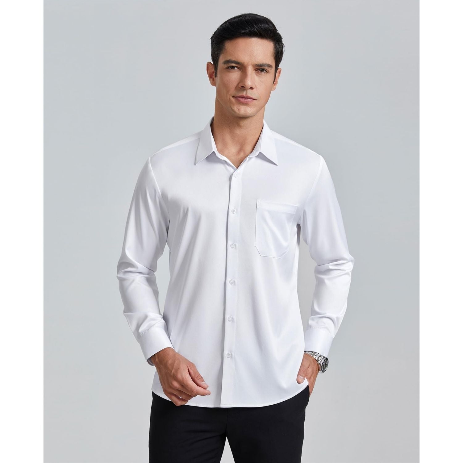 Men's Non-Iron Dress Shirt Long Sleeve 4-Way Stretch Wrinkle Free White Formal Shirt