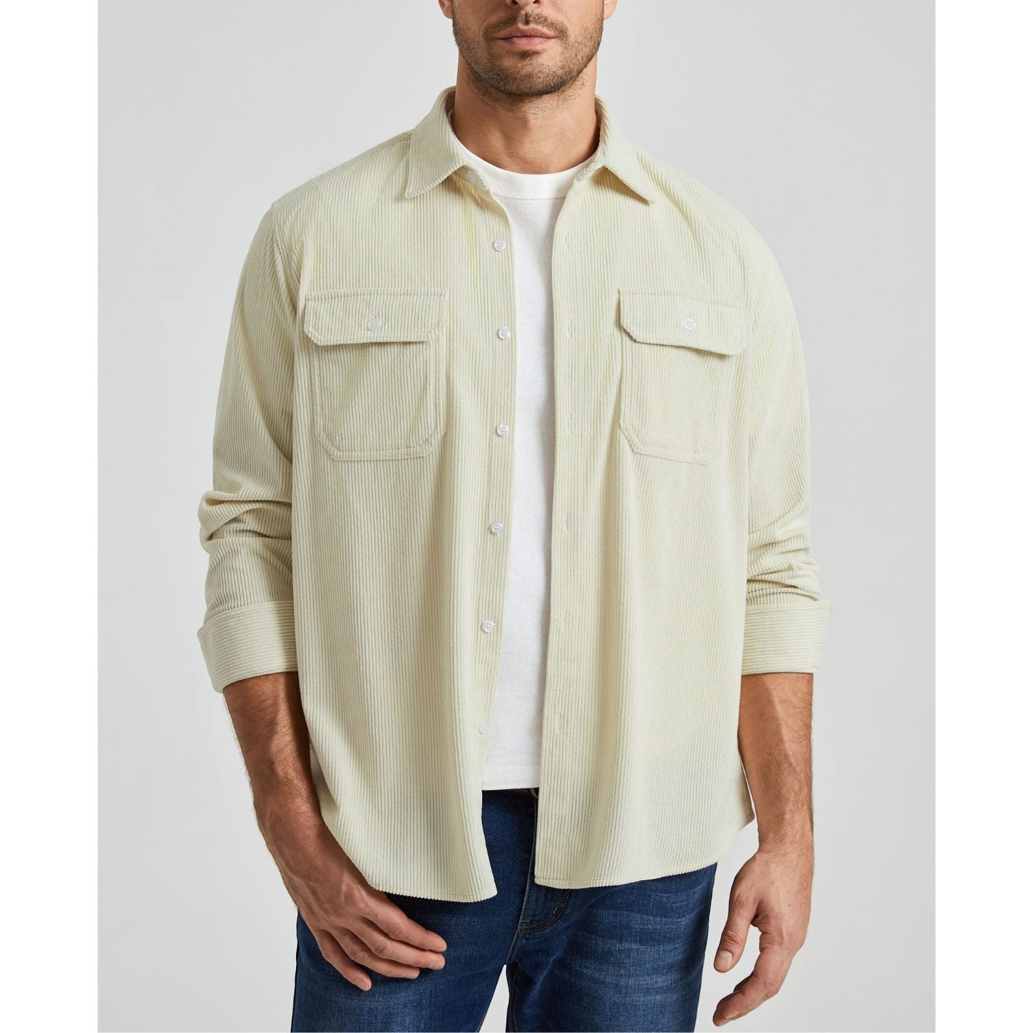 Men's Corduroy Jacket Classic Beige Casual Shirt with Flap Pockets
