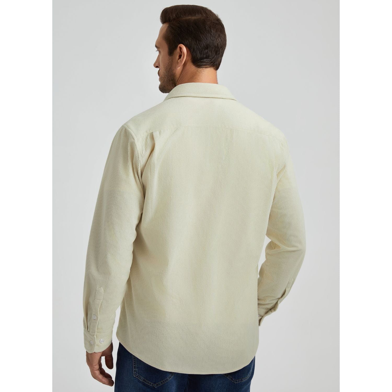 Men's Corduroy Jacket Classic Beige Casual Shirt with Flap Pockets