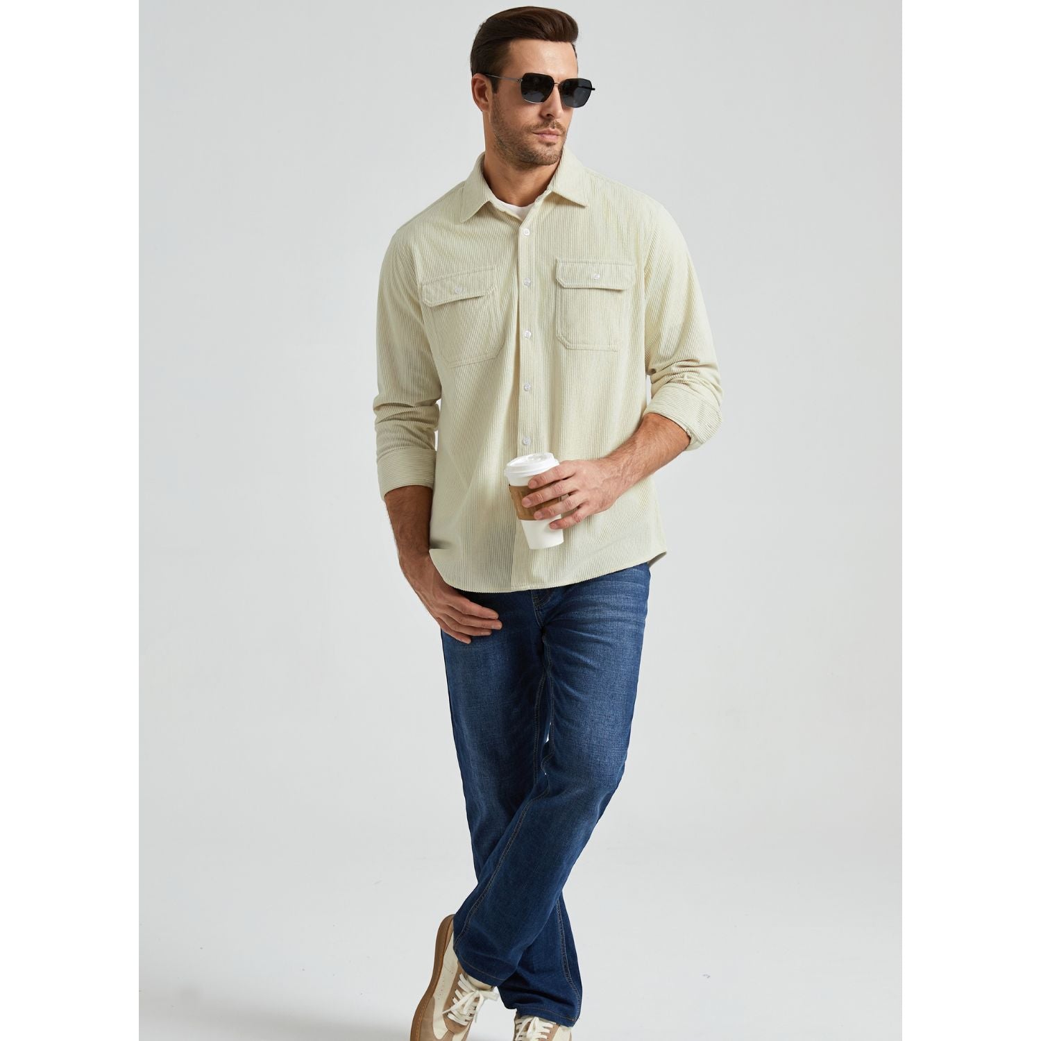 Men's Corduroy Jacket Classic Beige Casual Shirt with Flap Pockets