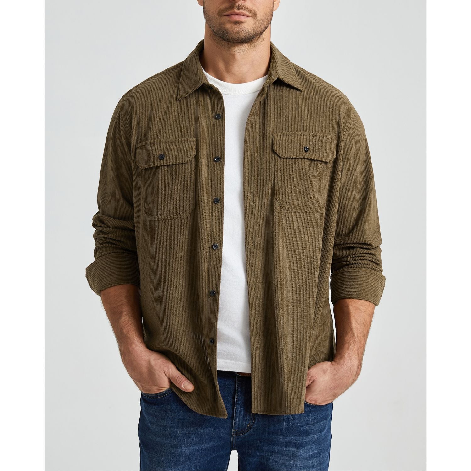 Men's Corduroy Jacket Classic Brown Casual Shirt with Flap Pockets