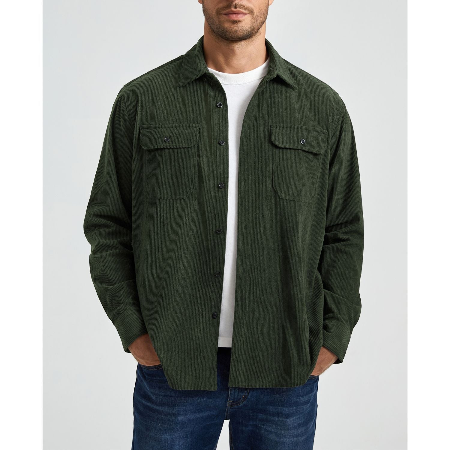Men's Corduroy Jacket Classic Casual Shirt with Flap Pockets