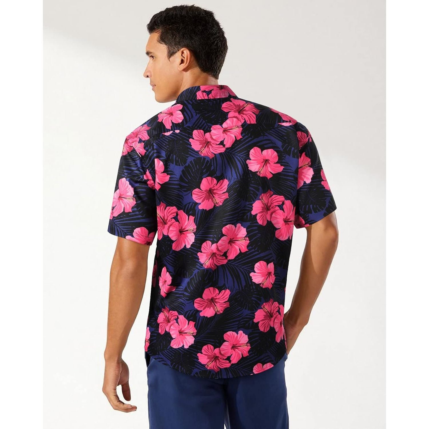 Funky Hawaiian Shirts with Pocket - A-A PINK/NAVY BLUE