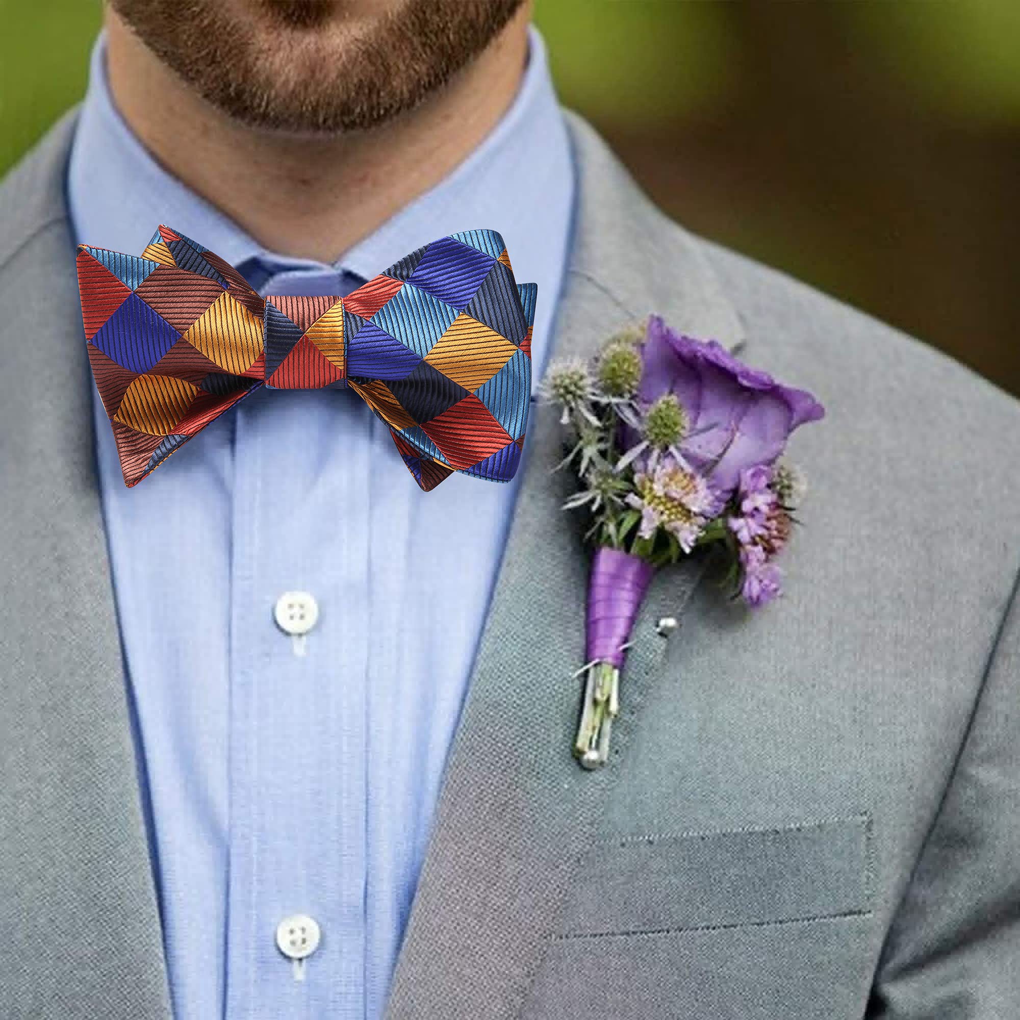 Plaid Bow Tie & Pocket Square - C-ORANGE/BLUE