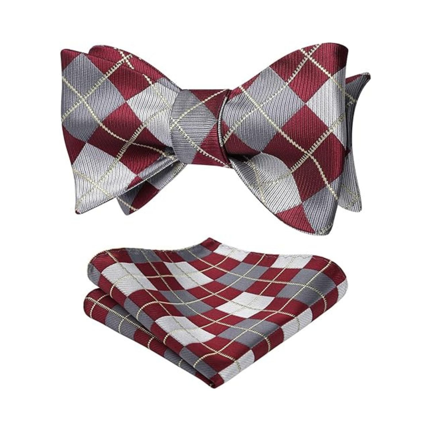 Plaid Bow Tie & Pocket Square - A-BURGUNDY/GRAY