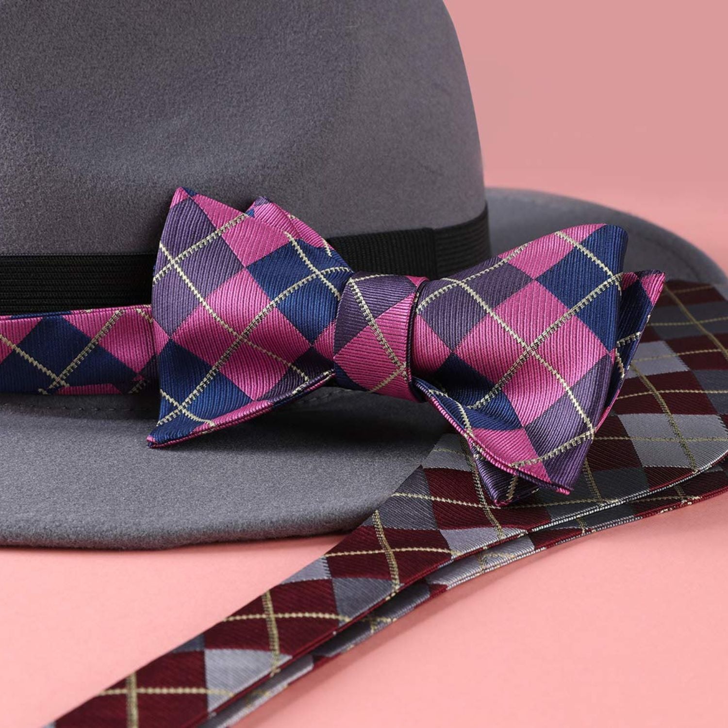 Plaid Bow Tie & Pocket Square Sets - A-NAVY BLUE/PINK