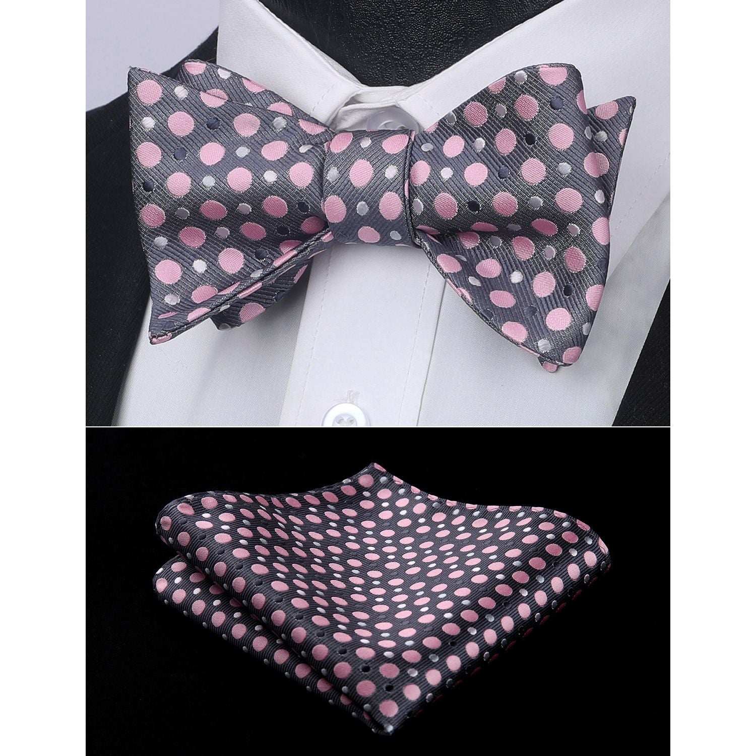 Polka Dots Bow Tie & Pocket Square - B-GRAY/PINK