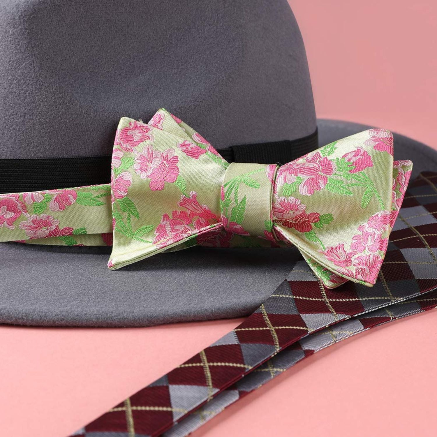 Hisdern Pink Green Floral Bow Tie Set Groomsmen Wedding