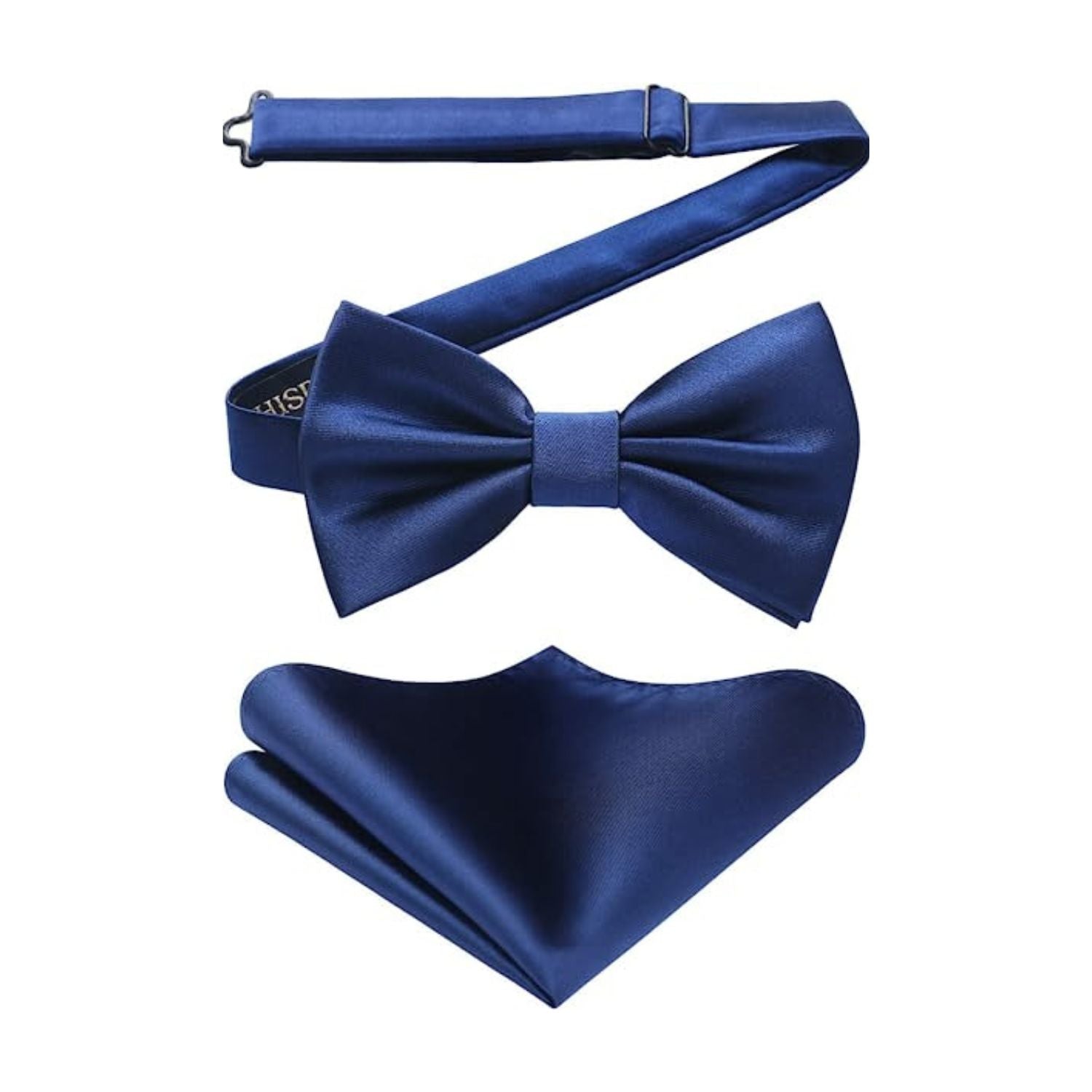 Solid Pre-Tied Bow Tie & Pocket Square - V-NAVY BLUE 2