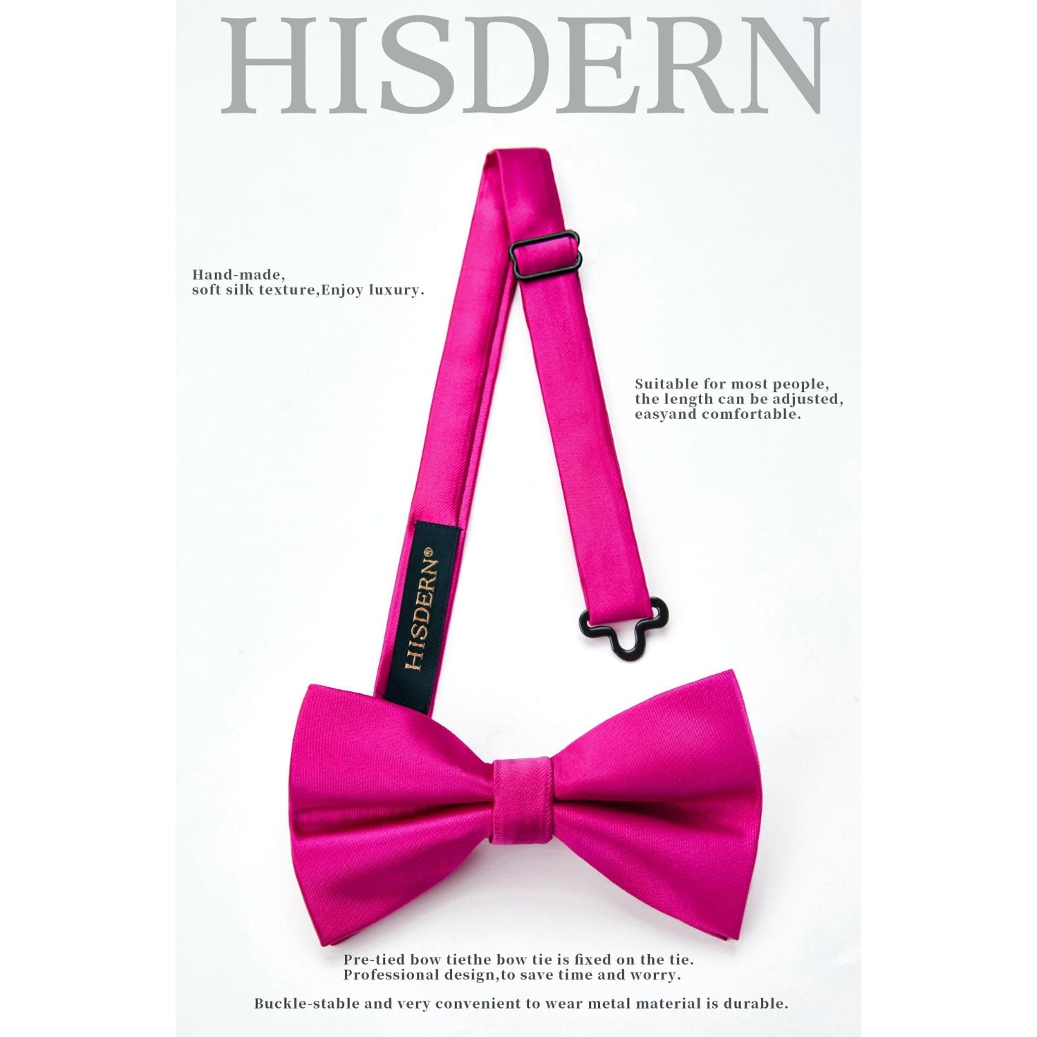 Hisdern Hot Pink Solid Pre-Tied Bow Tie Adjustable For Wedding Party