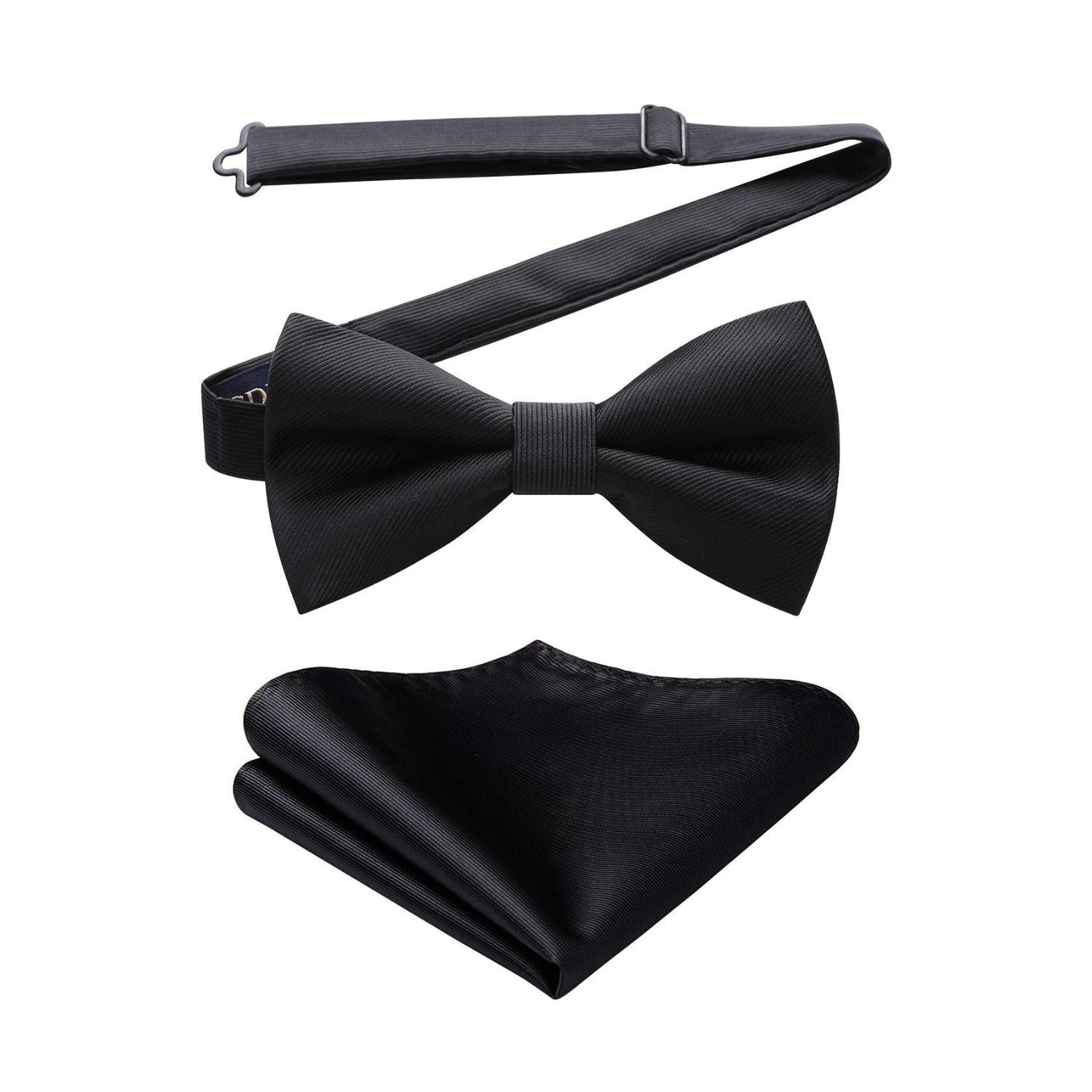 Solid Pre-Tied Bow Tie & Pocket Square - L-BLACK 1