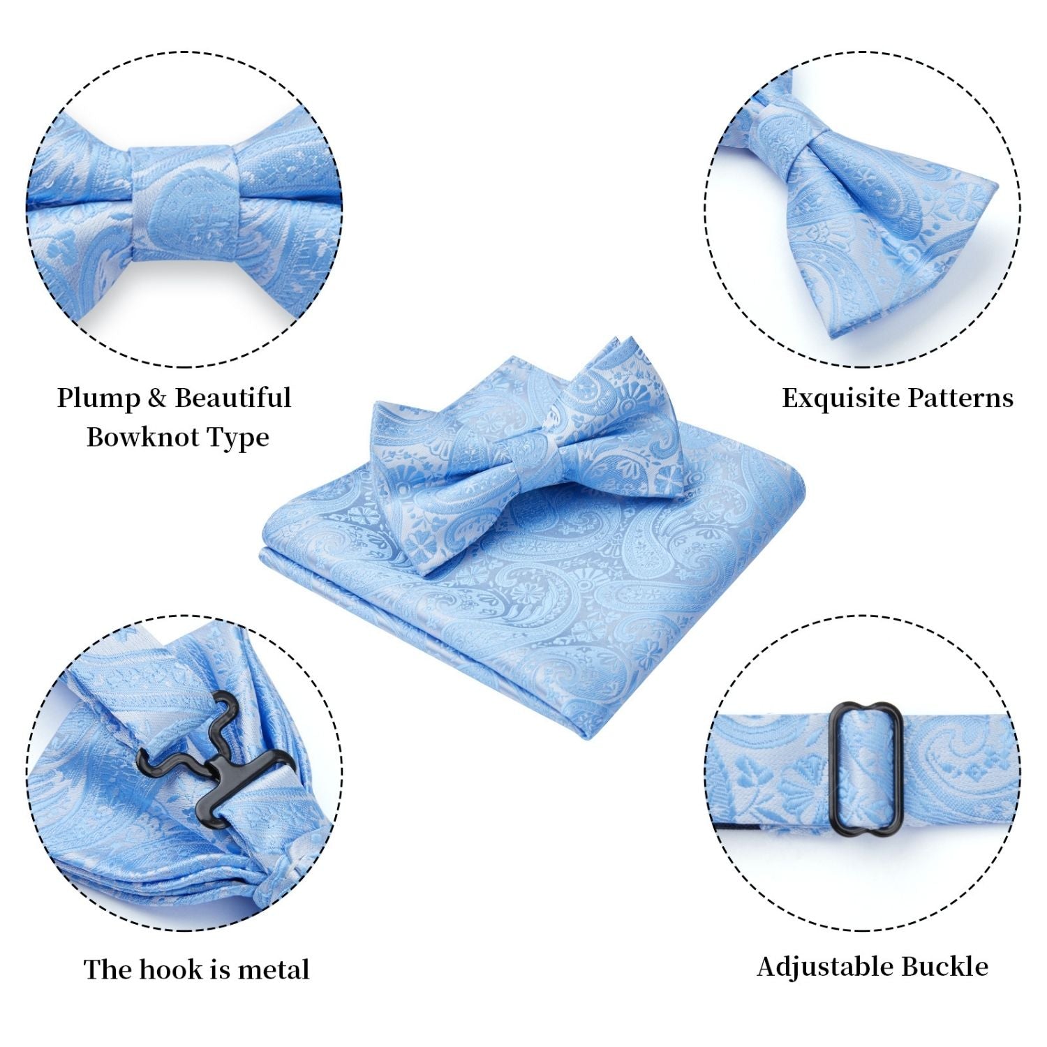 Paisley Pre-Tied Bow Tie & Pocket Square - BABY BLUE