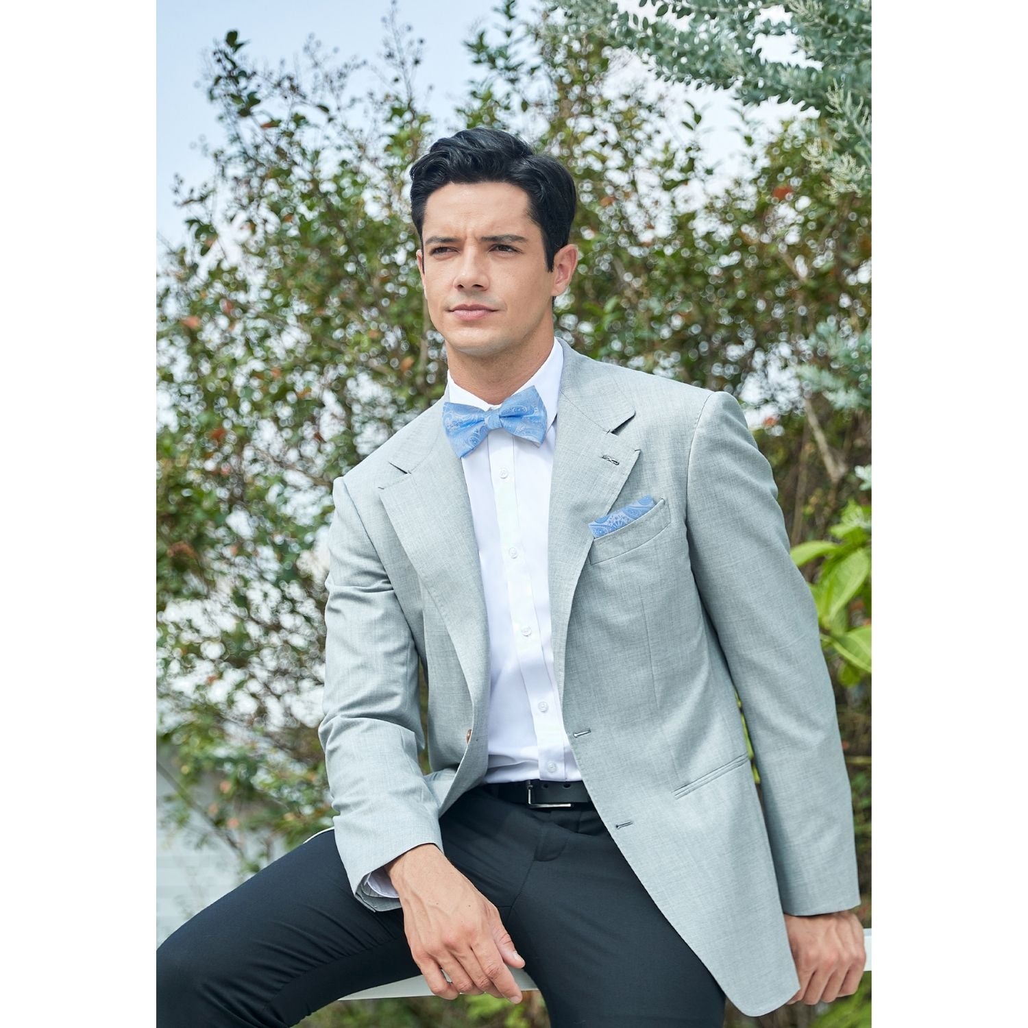 Paisley Pre-Tied Bow Tie & Pocket Square - BABY BLUE