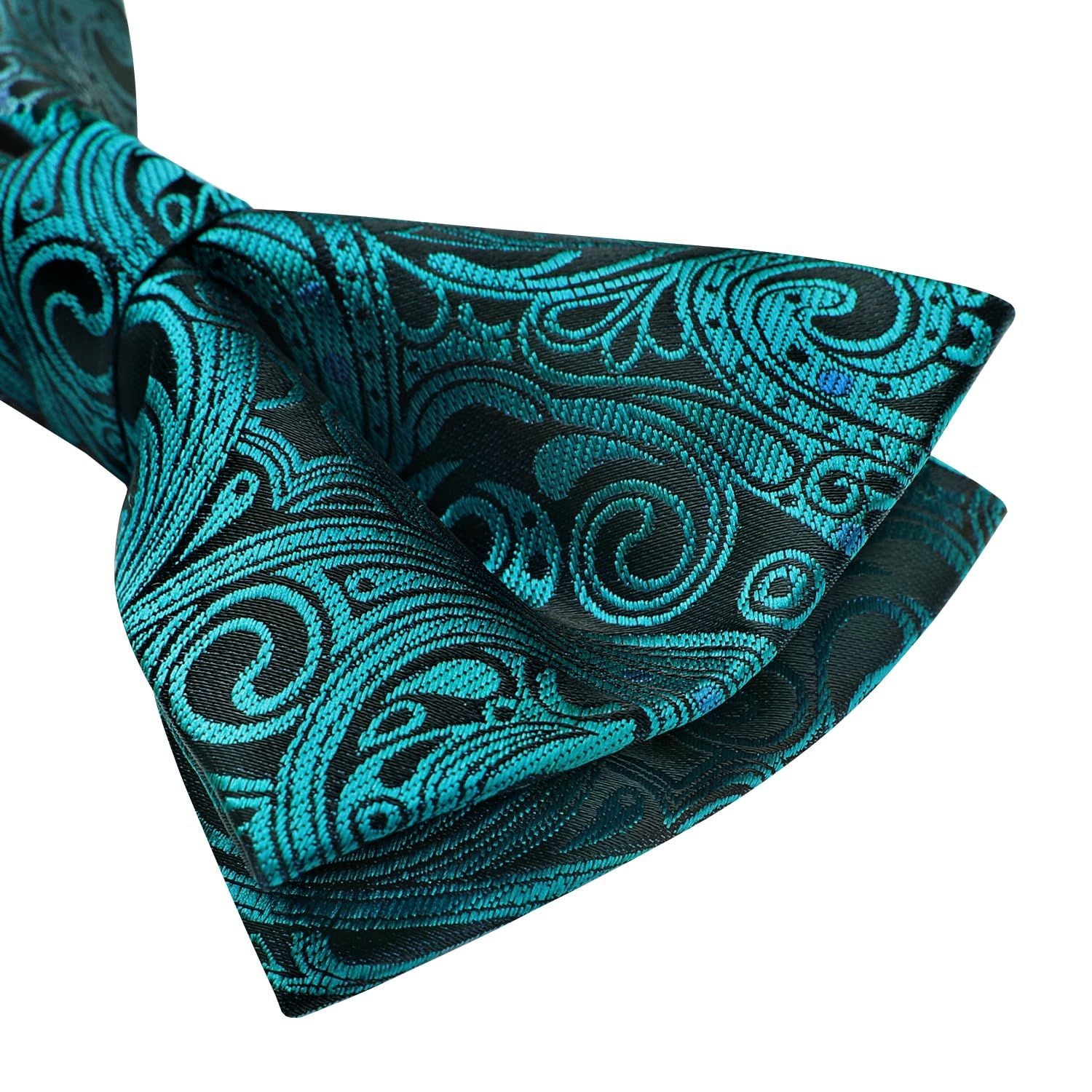 Hisdern Peacock Blue Paisley Pre-Tied Bow Tie for Wedding Party