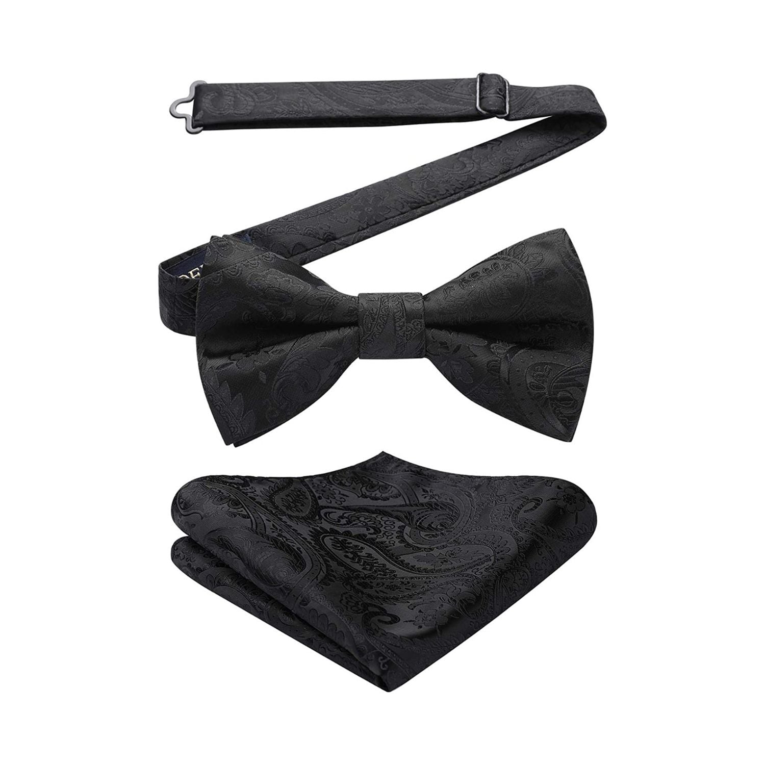 Paisley Pre-Tied Bow Tie & Pocket Square - BLACK