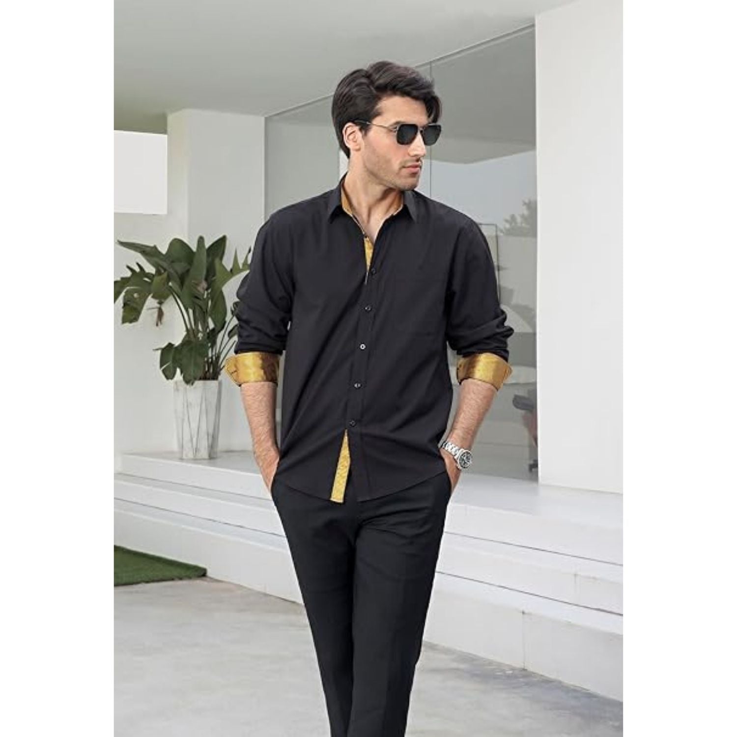 Casual Formal Shirt with Pocket - BLACK/GOLD