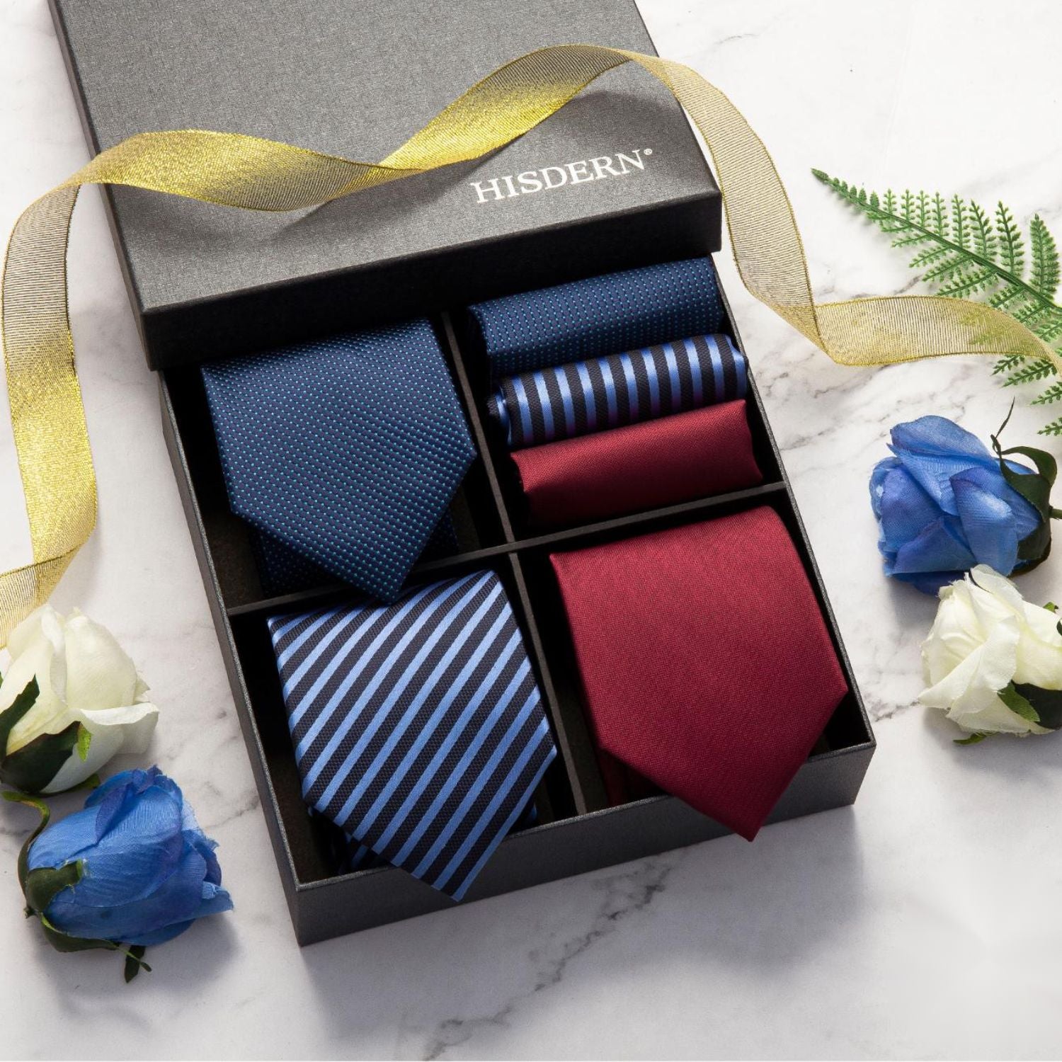 Hisdern 3-Piece Tie Set Navy Blue Red Wedding Accessory Gift Box Set