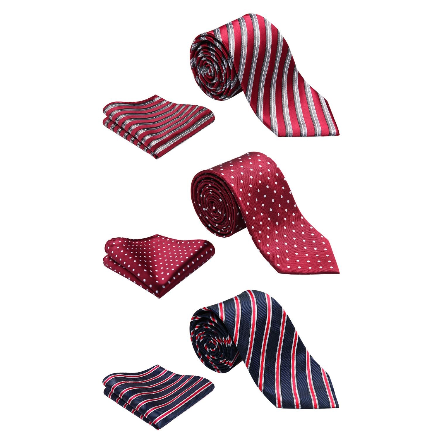 3PCS XL Tie & Pocket Square Set - A1-RED/BLUE/SILVER Christmas Gifts for Men