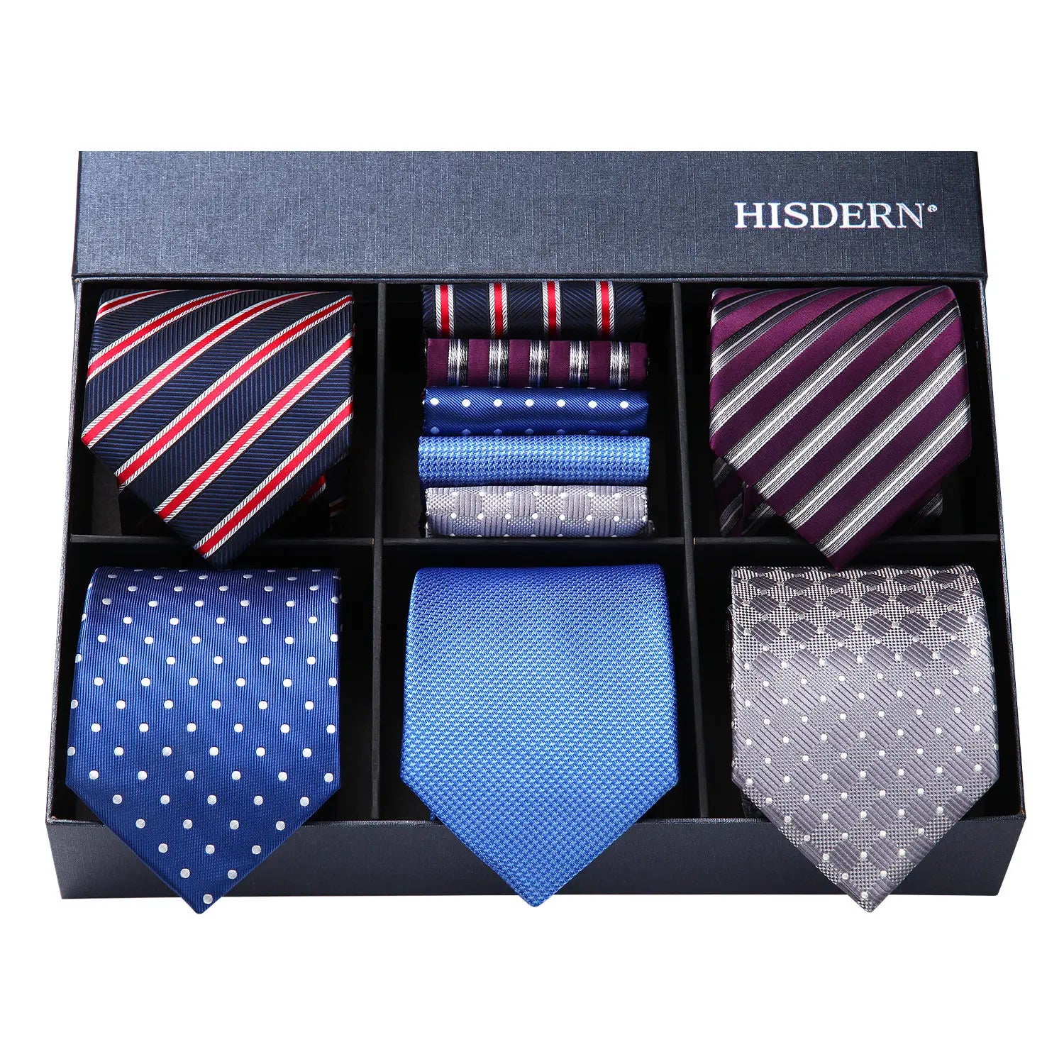 Hisdern 5-Piece Plaid Striped Tie Set Wedding Accessory Gift Box Set