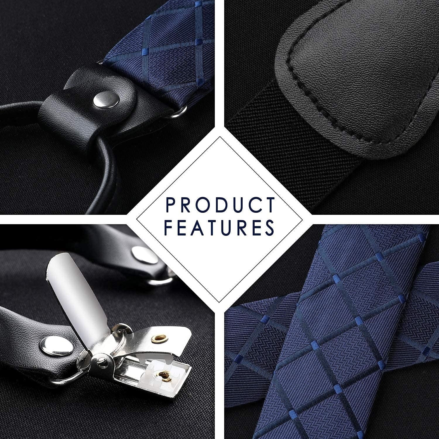 Plaid Suspender Bow Tie Handkerchief - NAVY BLUE-CHECK