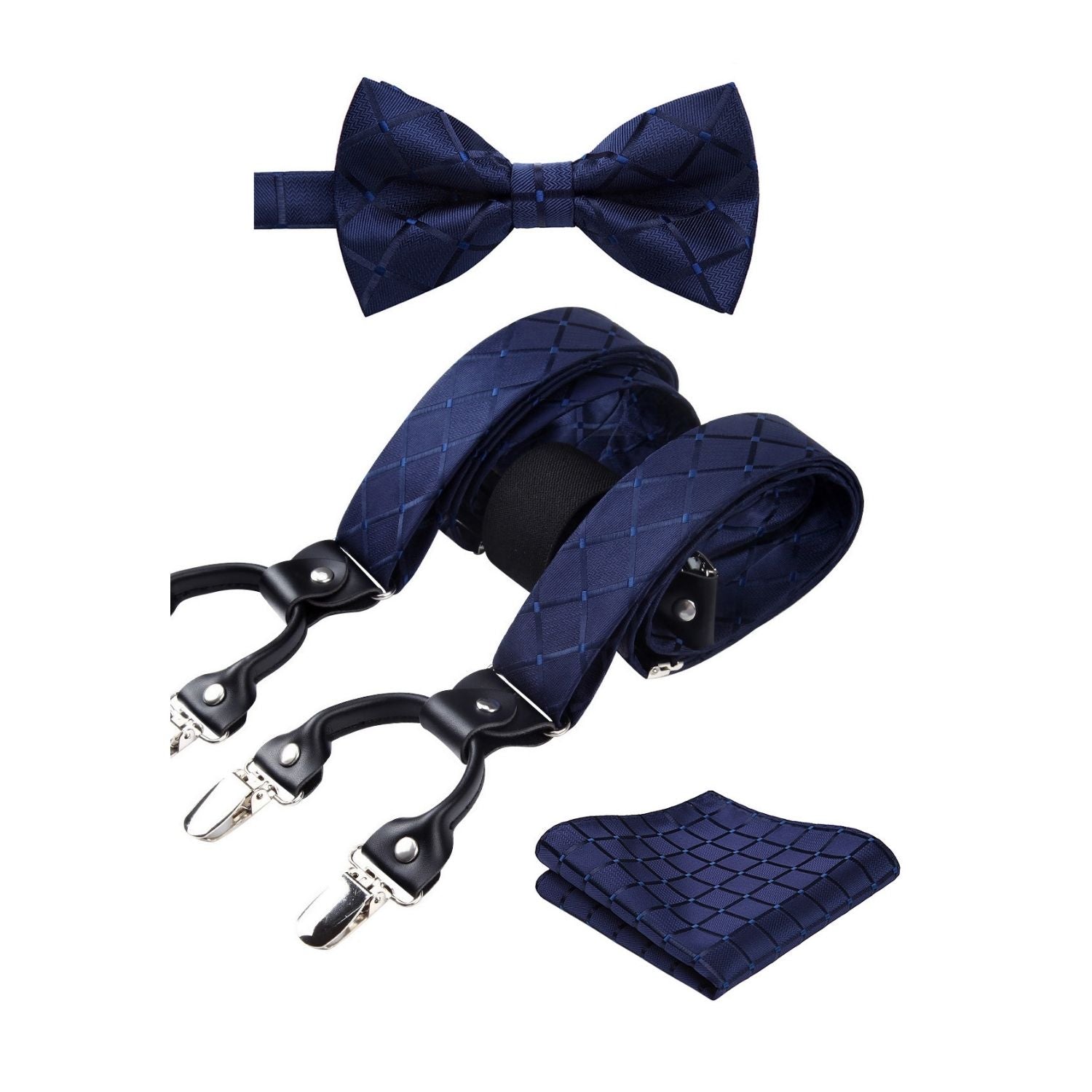 Plaid Suspender Pre-Tied Bow Tie Handkerchief - B4-NAVY BLUE
