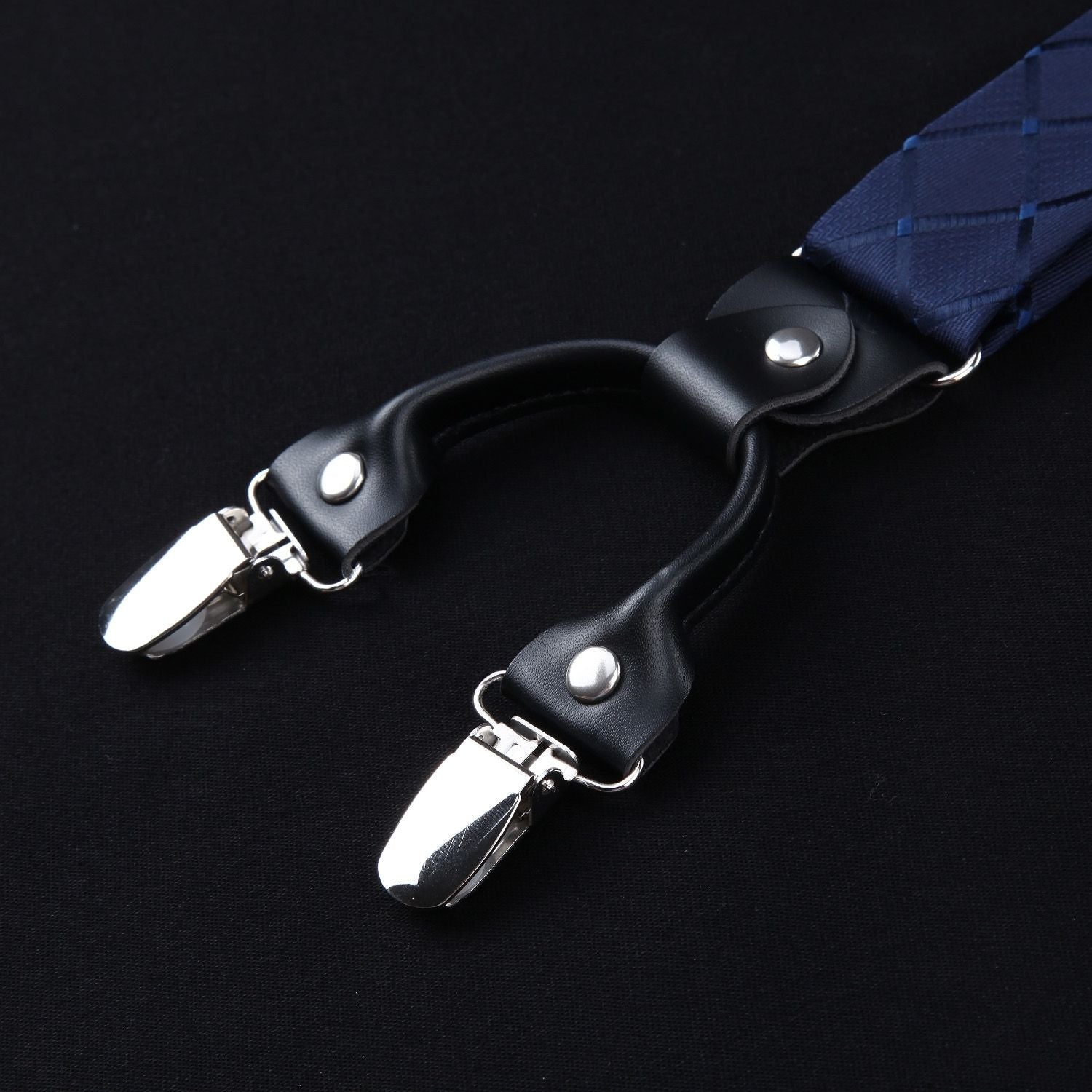 Plaid Suspender Pre-Tied Bow Tie Handkerchief - B4-NAVY BLUE