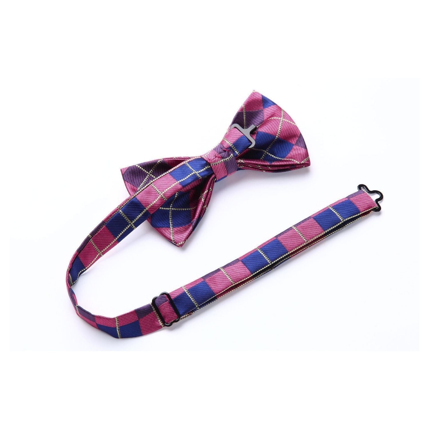 Plaid Suspender Pre-Tied Bow Tie Handkerchief - HOT PINK/BLUE