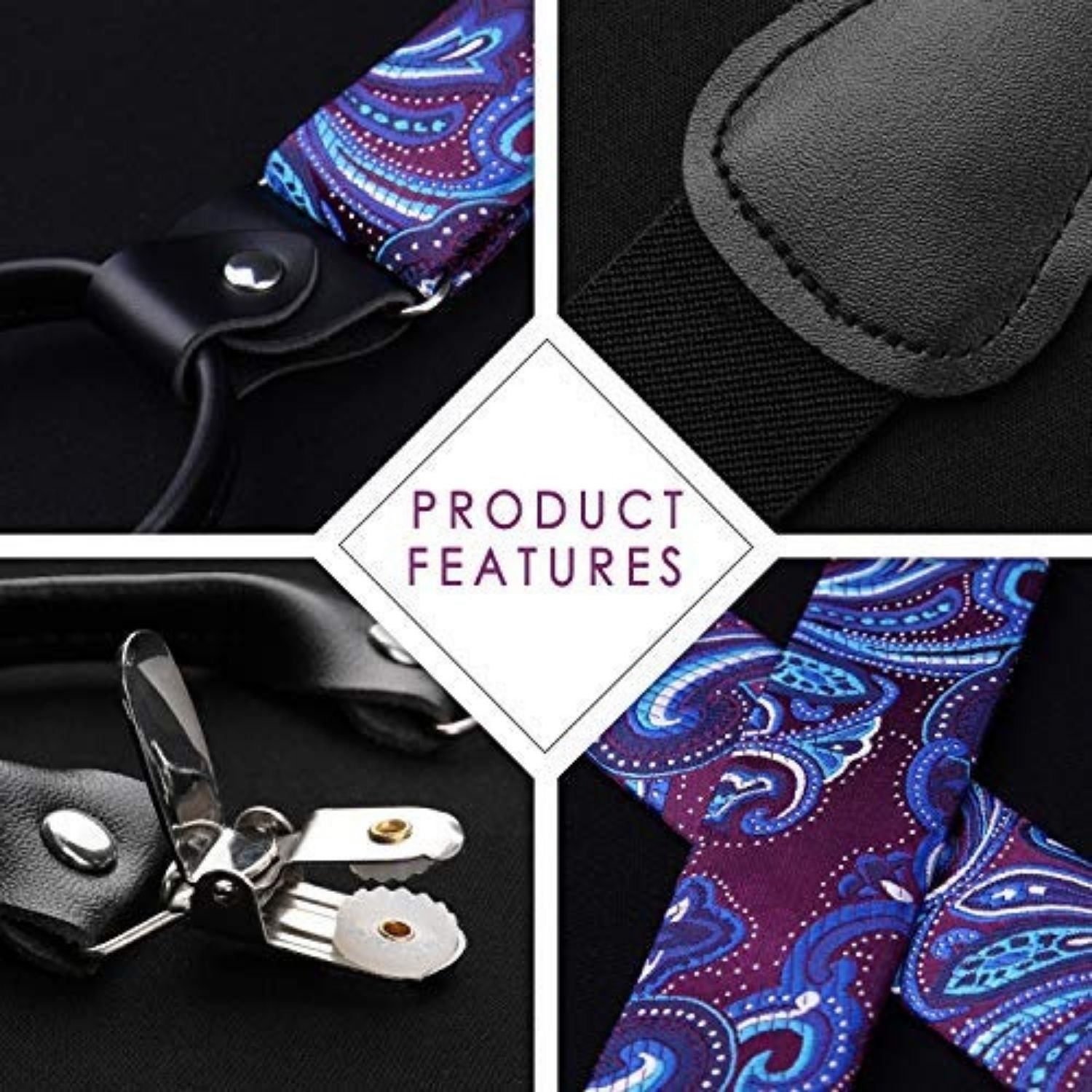 Floral Paisley Suspender Bow Tie Handkerchief - 9-BLUE/PURPLE/WHITE