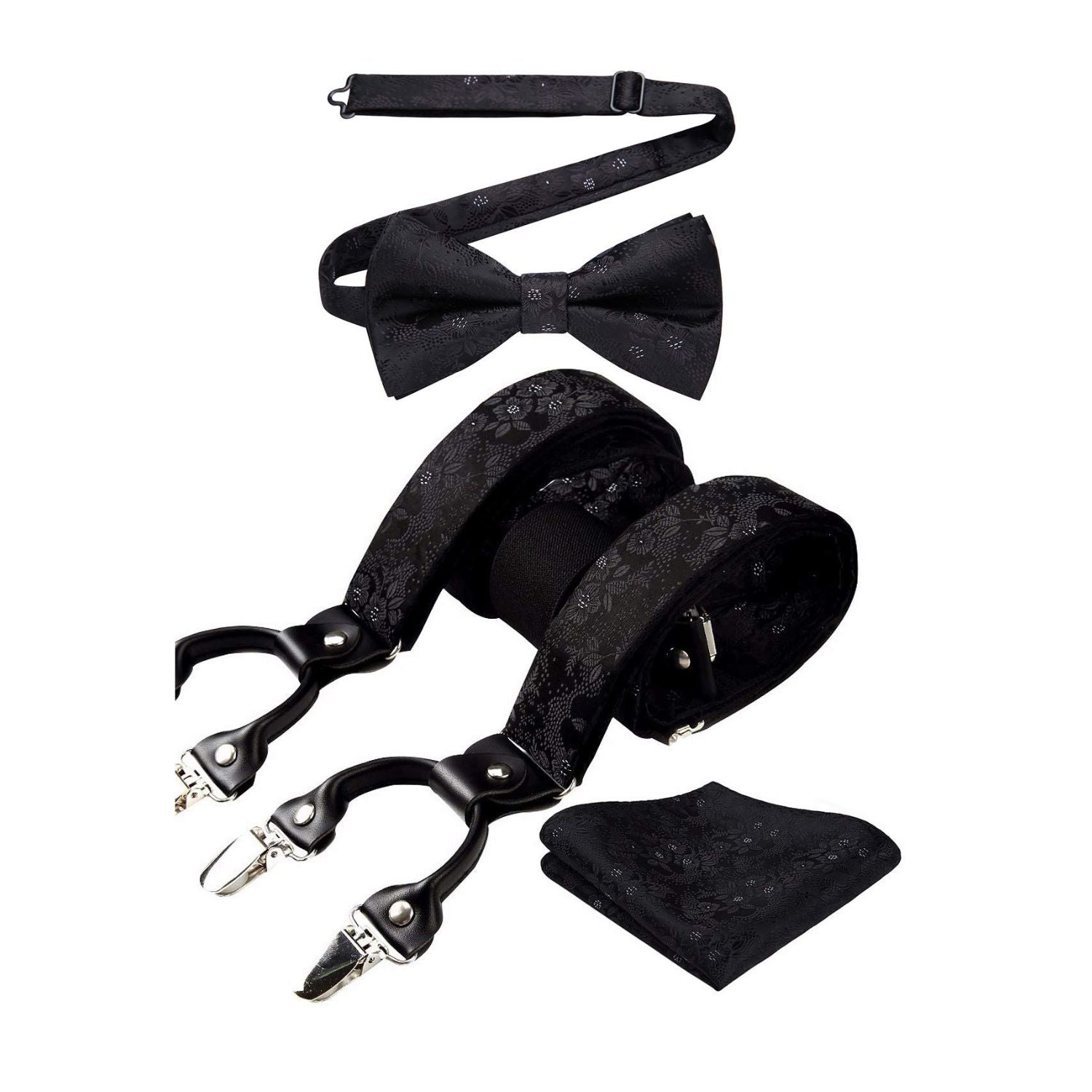 Paisley Floral Suspender Pre-Tied Bow Tie Handkerchief - A2-BLACK