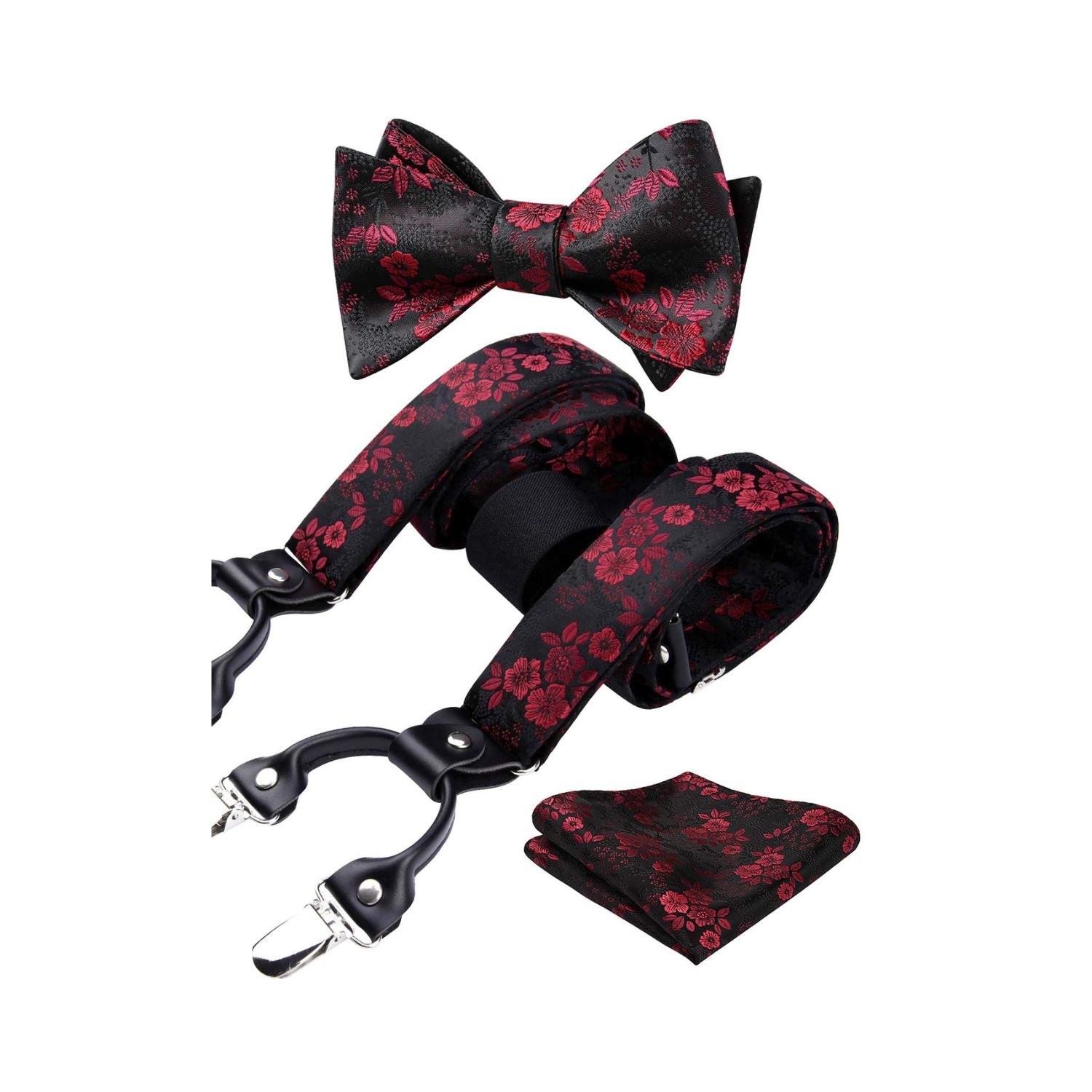 Floral Paisley Suspender Bow Tie Handkerchief - 5-RED/BLACK 03