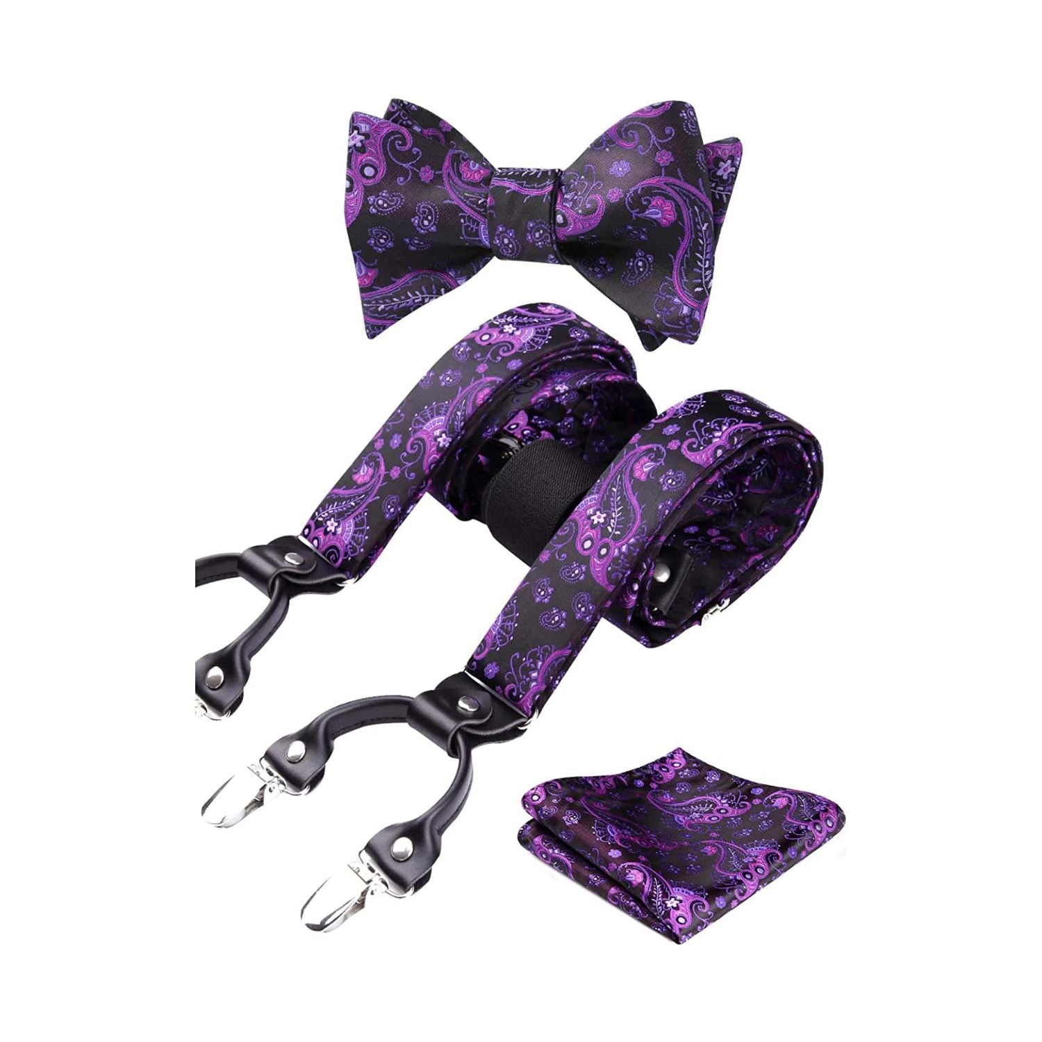 Paisley Floral Suspender Bow Tie Handkerchief - PURPLE/BLACK