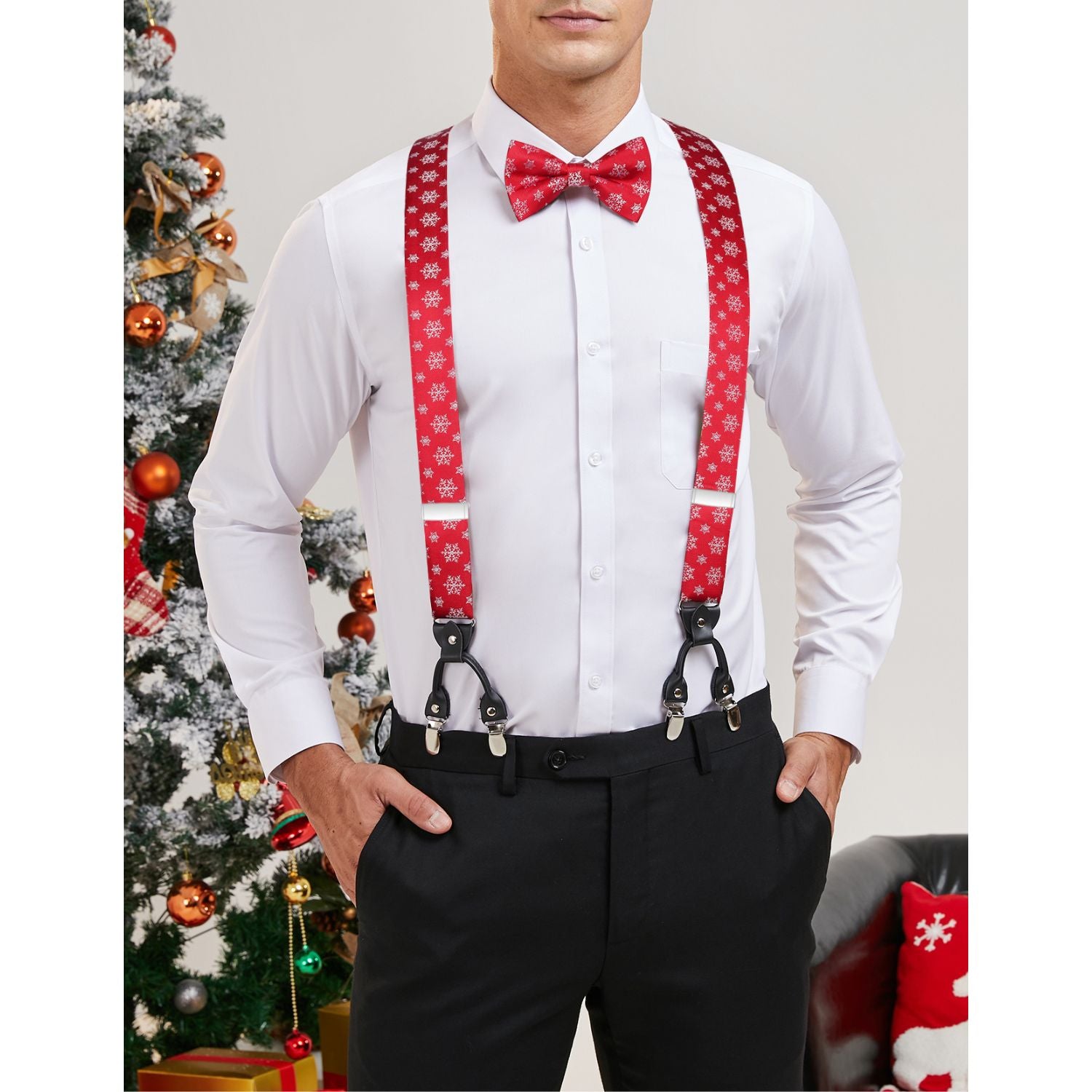 Christmas Suspender Pre-Tied Bow Tie Handkerchief - 03-RED/WHITE