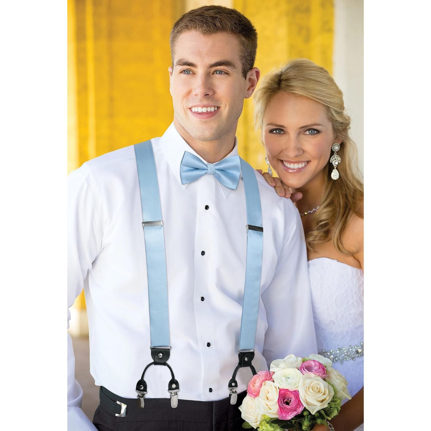 Solid Suspender Pre-Tied Bow Tie Handkerchief - A2-BABY BLUE