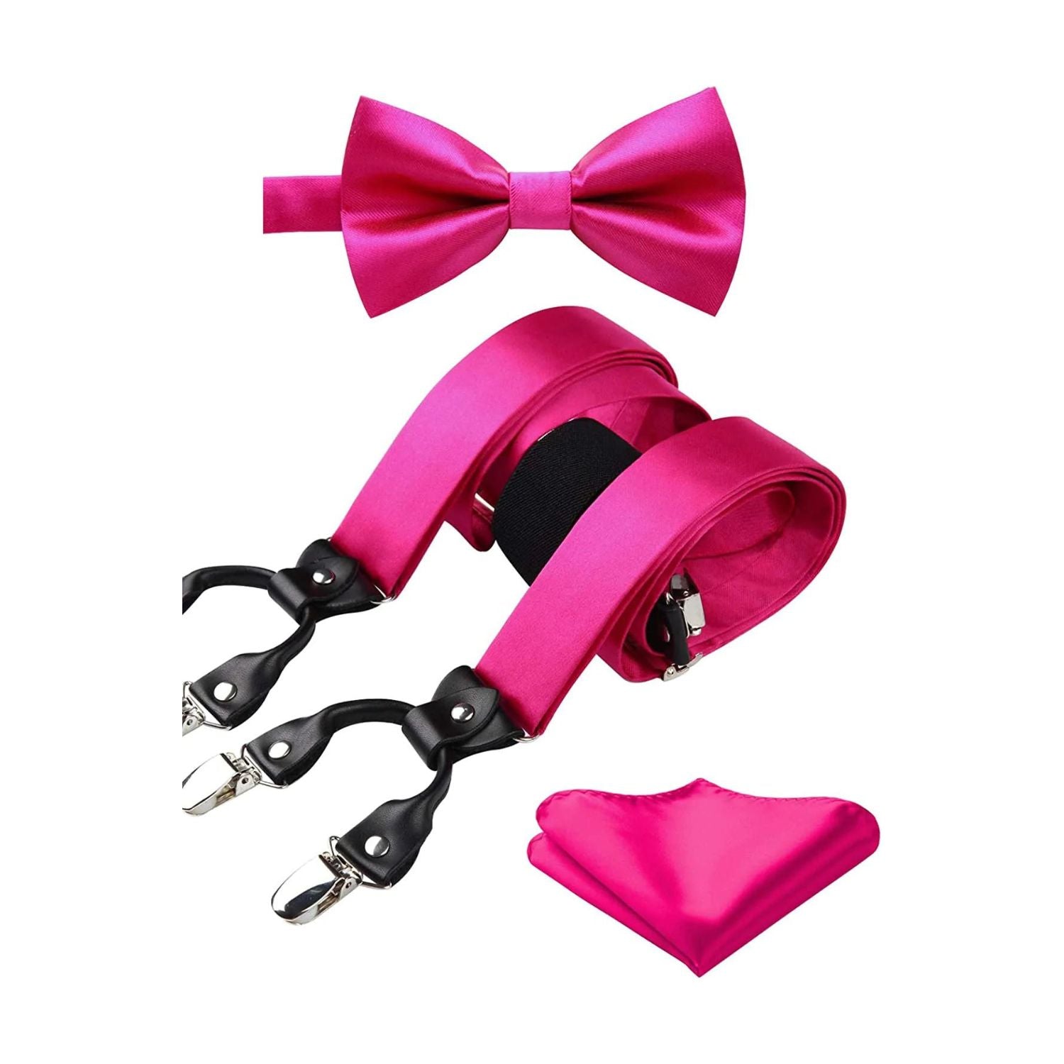 Solid Suspender Pre-Tied Bow Tie Handkerchief - A1- HOT PINK