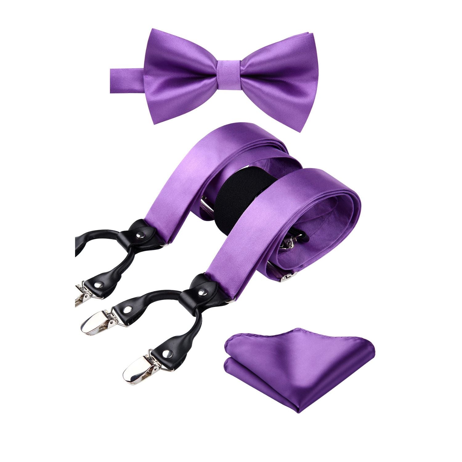 Solid Suspender Pre-Tied Bow Tie Handkerchief - A6-PURPLE