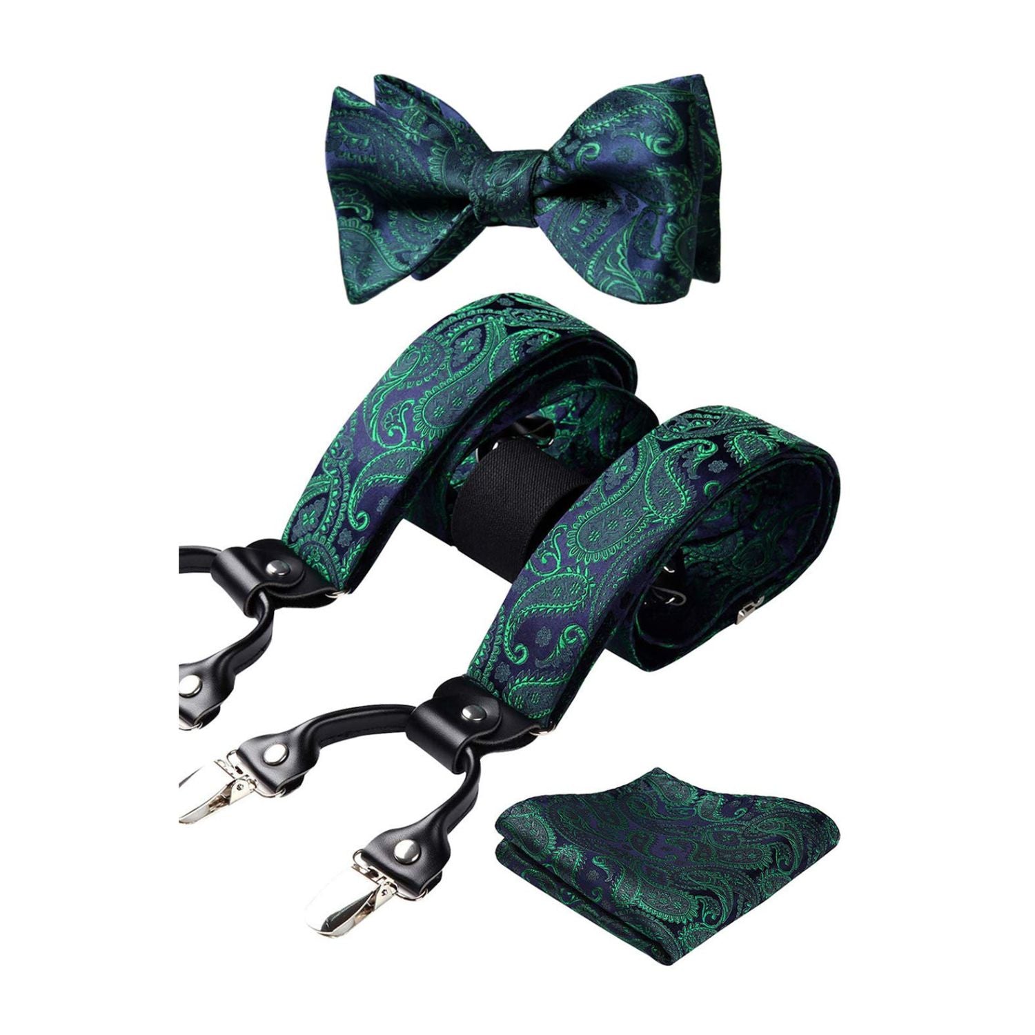 Paisley Floral Suspender Bow Tie Handkerchief - 9-GREEN/NAVY BLUE 02