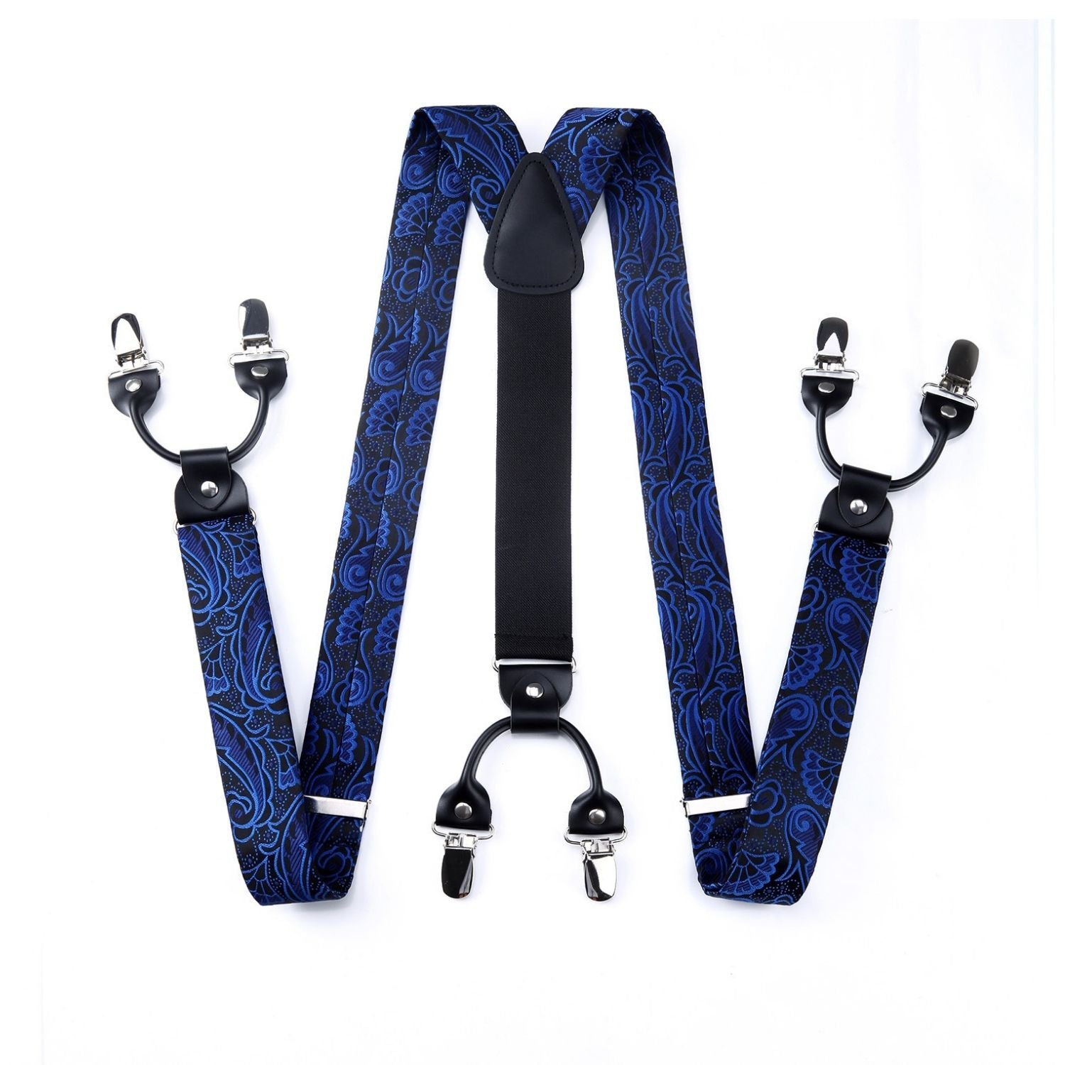 Paisley Floral Suspender Pre-Tied Bow Tie Handkerchief - B6-BLUE/BLACK