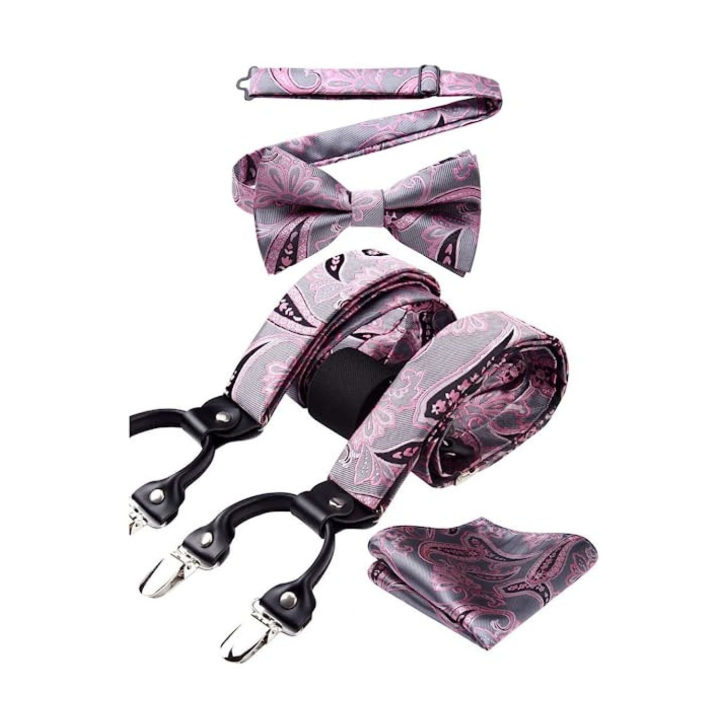 Paisley Floral Suspender Pre-Tied Bow Tie Handkerchief - B3-PINK/GRAY