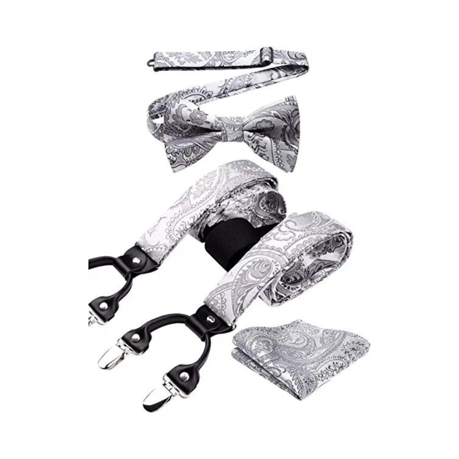 Floral Paisley Suspender Pre-Tied Bow Tie Handkerchief - B1-SILVER/GRAY