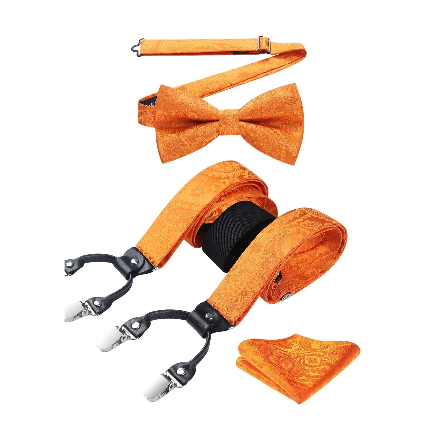 Floral Paisley Suspender Pre-Tied Bow Tie Handkerchief - C4-ORANGE