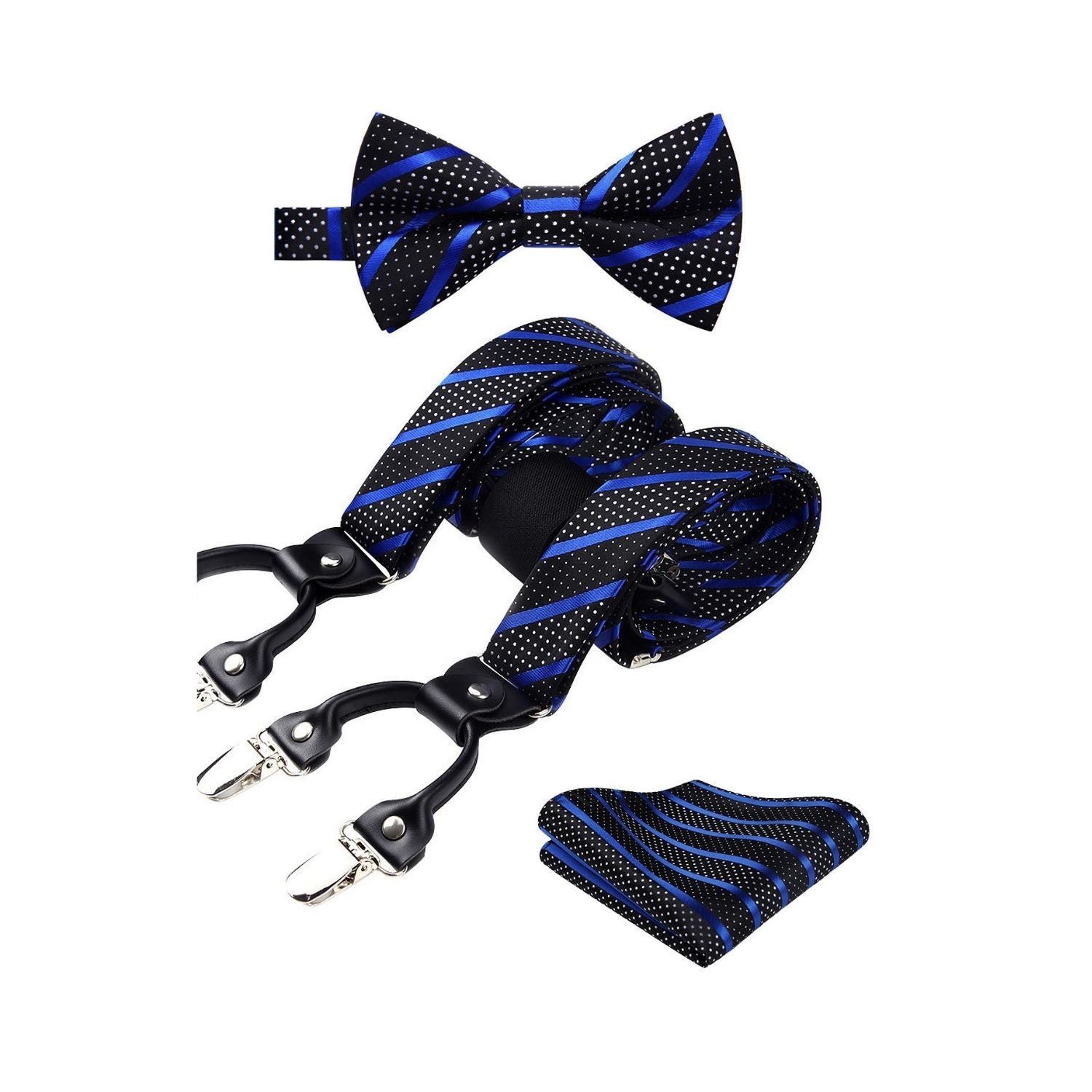 Stripe Suspender Pre-Tied Bow Tie Handkerchief - B2-BLUE/BLACK