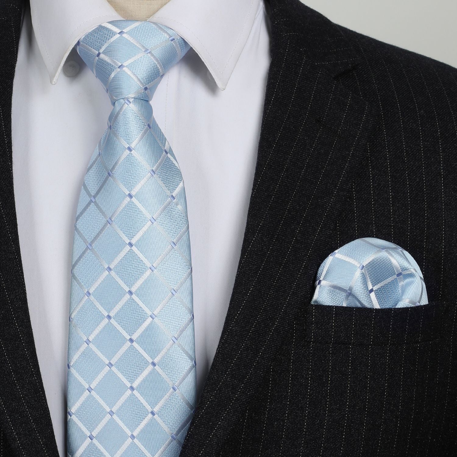 Plaid Tie Handkerchief Set - A6-BLUE