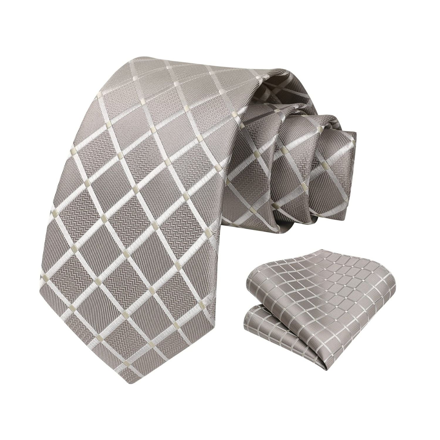 Plaid Tie Handkerchief Set - BEIGE/WHITE