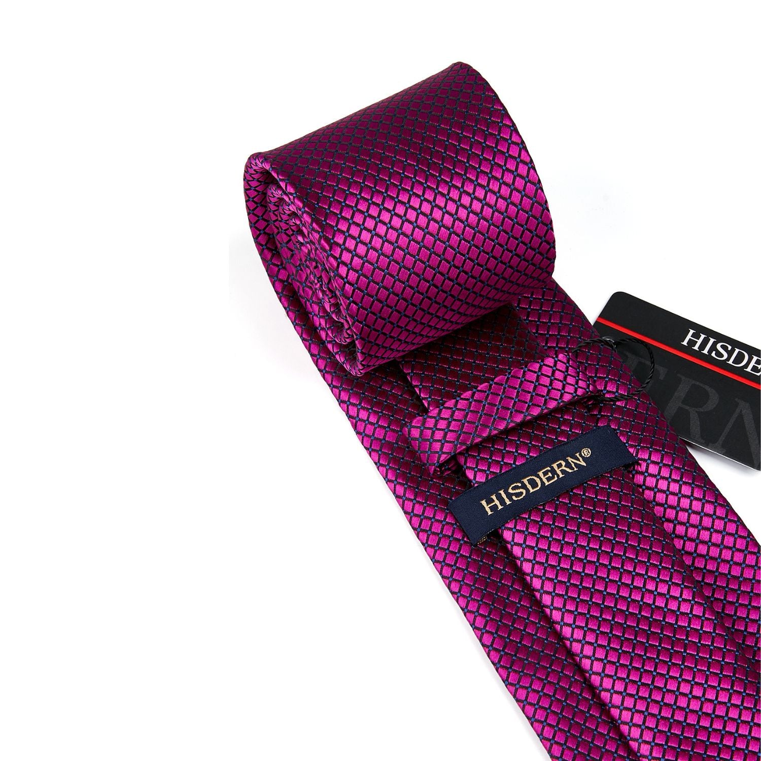 Men's Plaid Tie Handkerchief Set - C3- HOT PINK