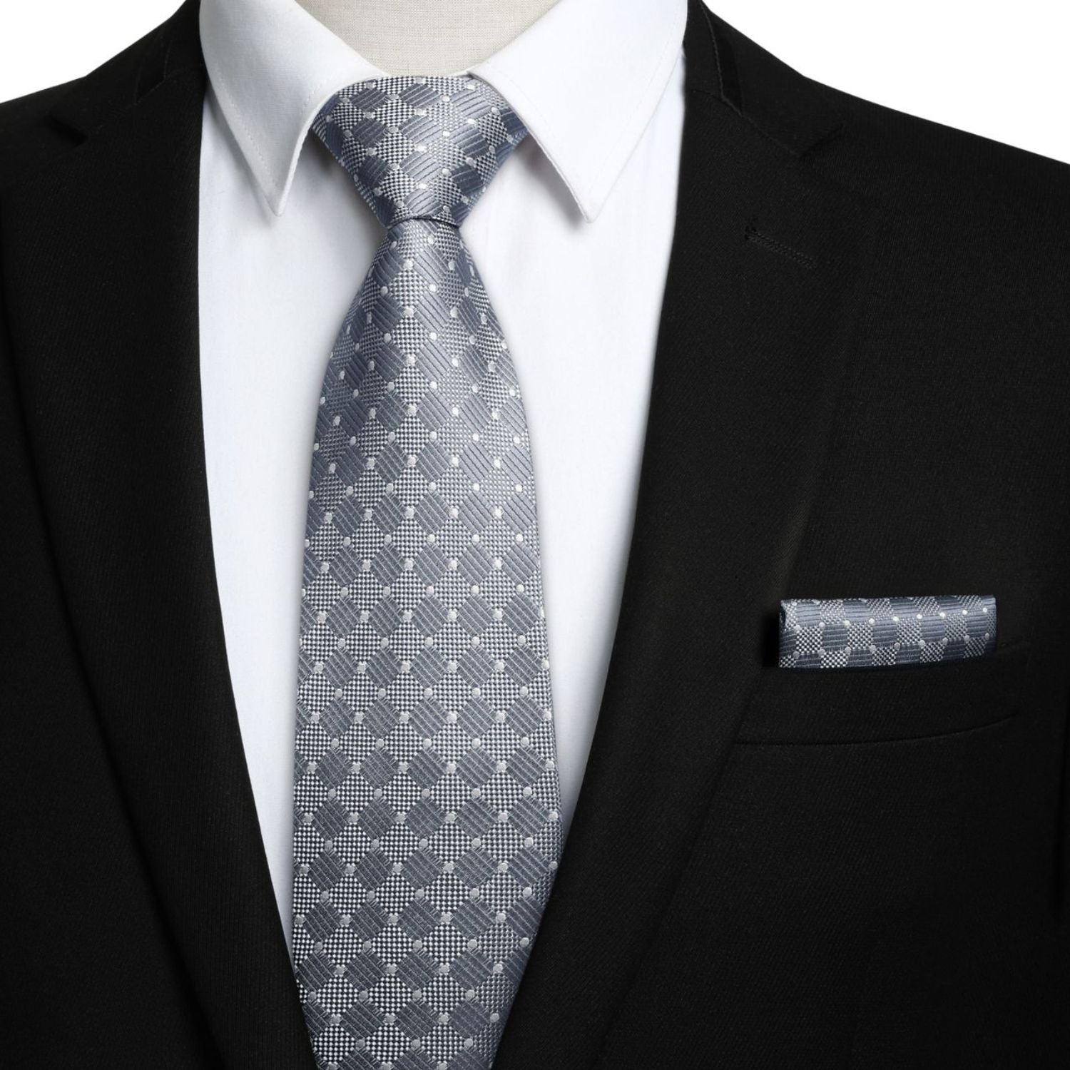 Plaid Tie Handkerchief Set - GREY