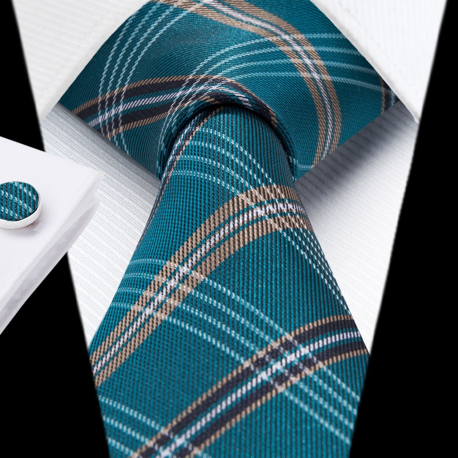 Hisdern Blue Plaid Wedding Accessories Set with Cufflinks
